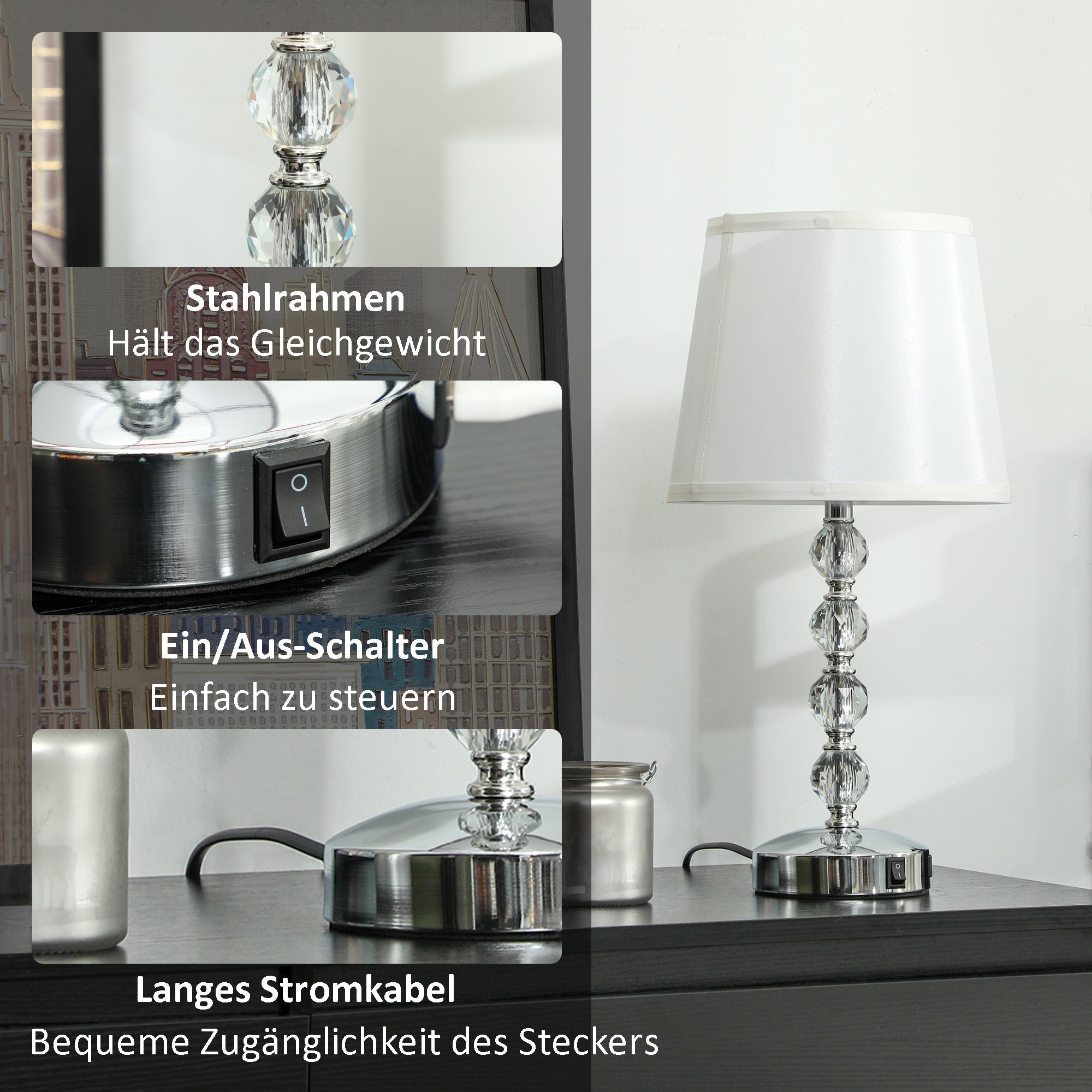Table Lamp LED USB Rechargeable Crystal Bedside, Glass Silver