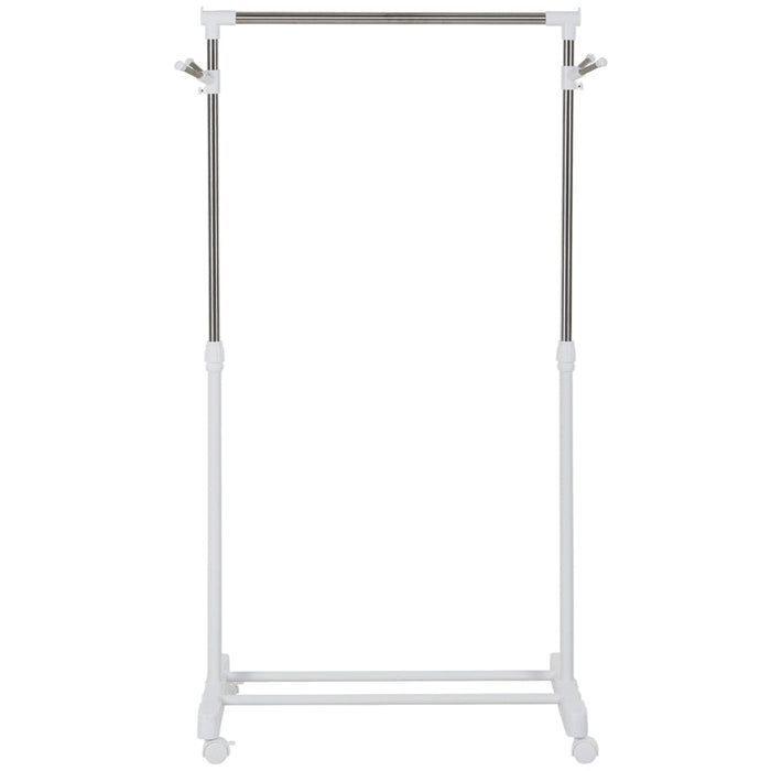 Rolling Coat Rack, Height-Adjustable with Bottom Shelf, 4 Wheels, White