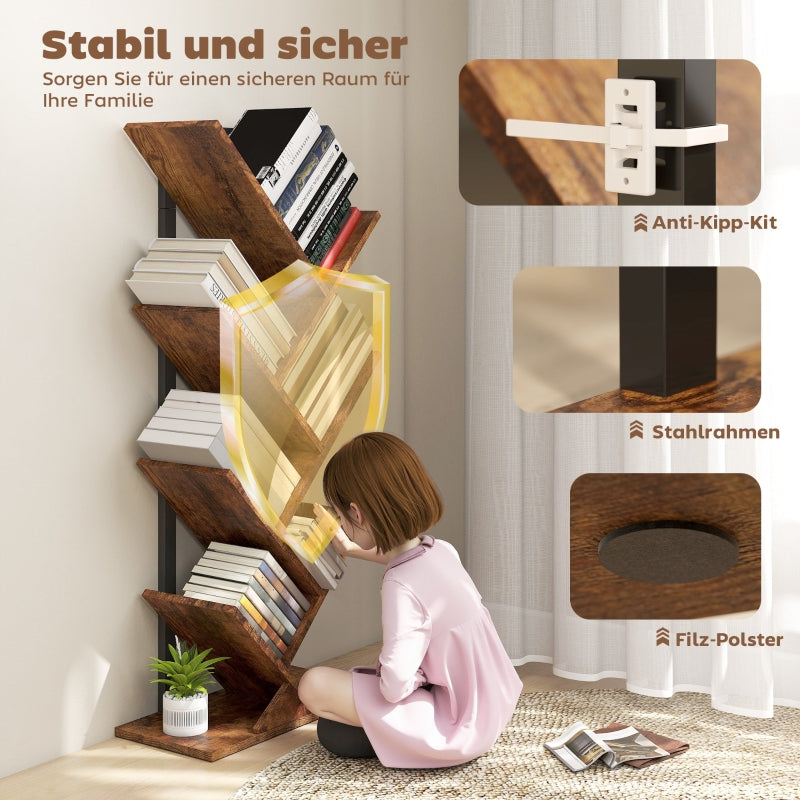 Bookshelf Standing Shelf 7 Levels Narrow Tree Shape Office Rustic Brown