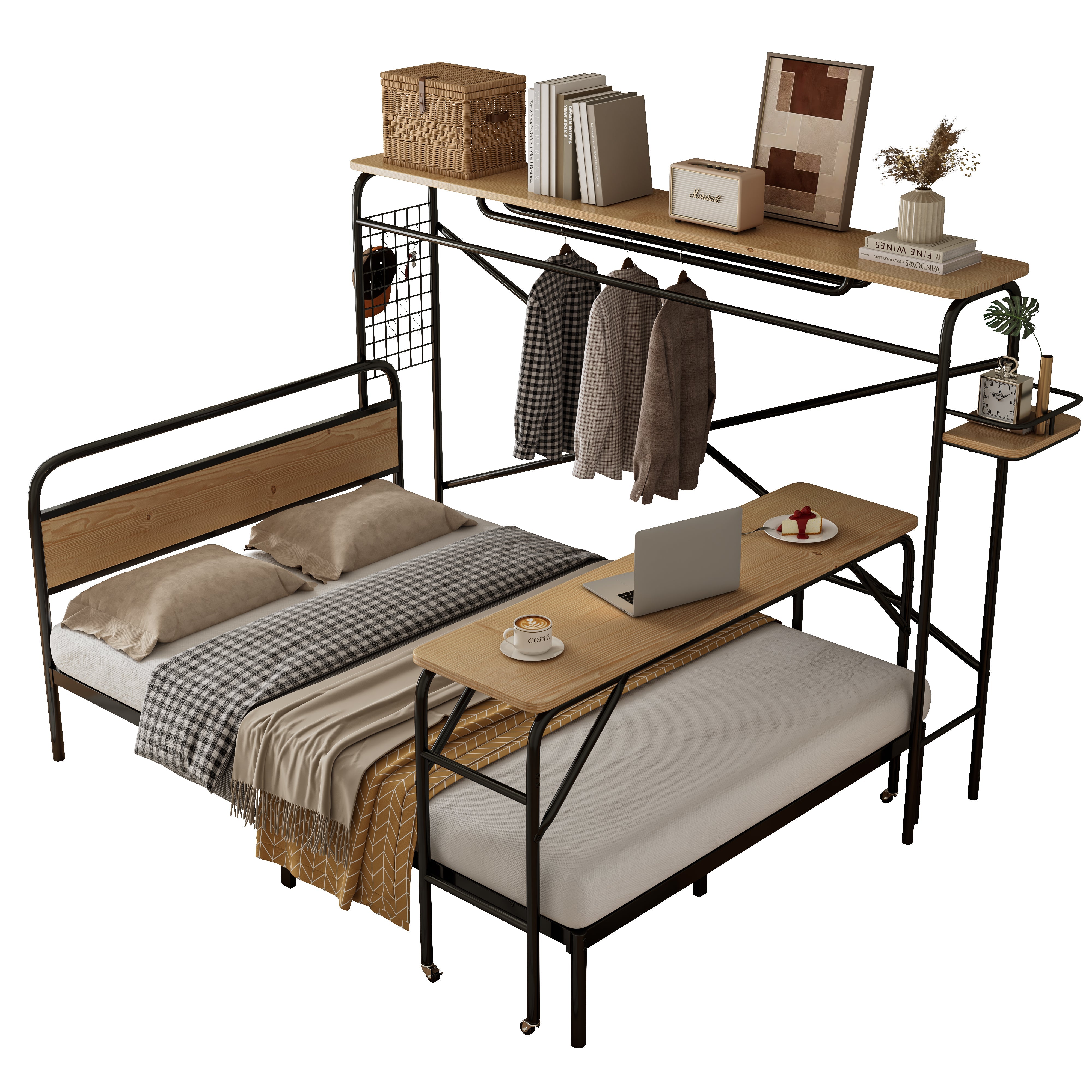 Metal Bed, Flat with Table & Coat Rack, Black & Natural Wood