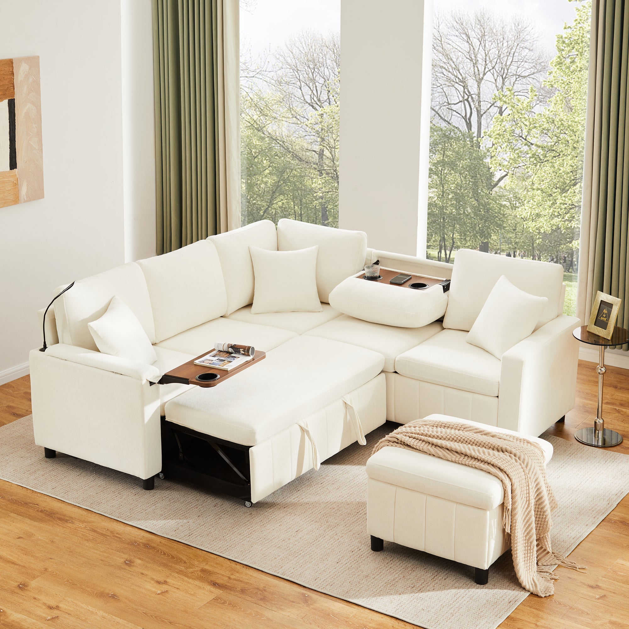 Chenille Corner Sofa Bed with Ottoman and USB Charging, Beige