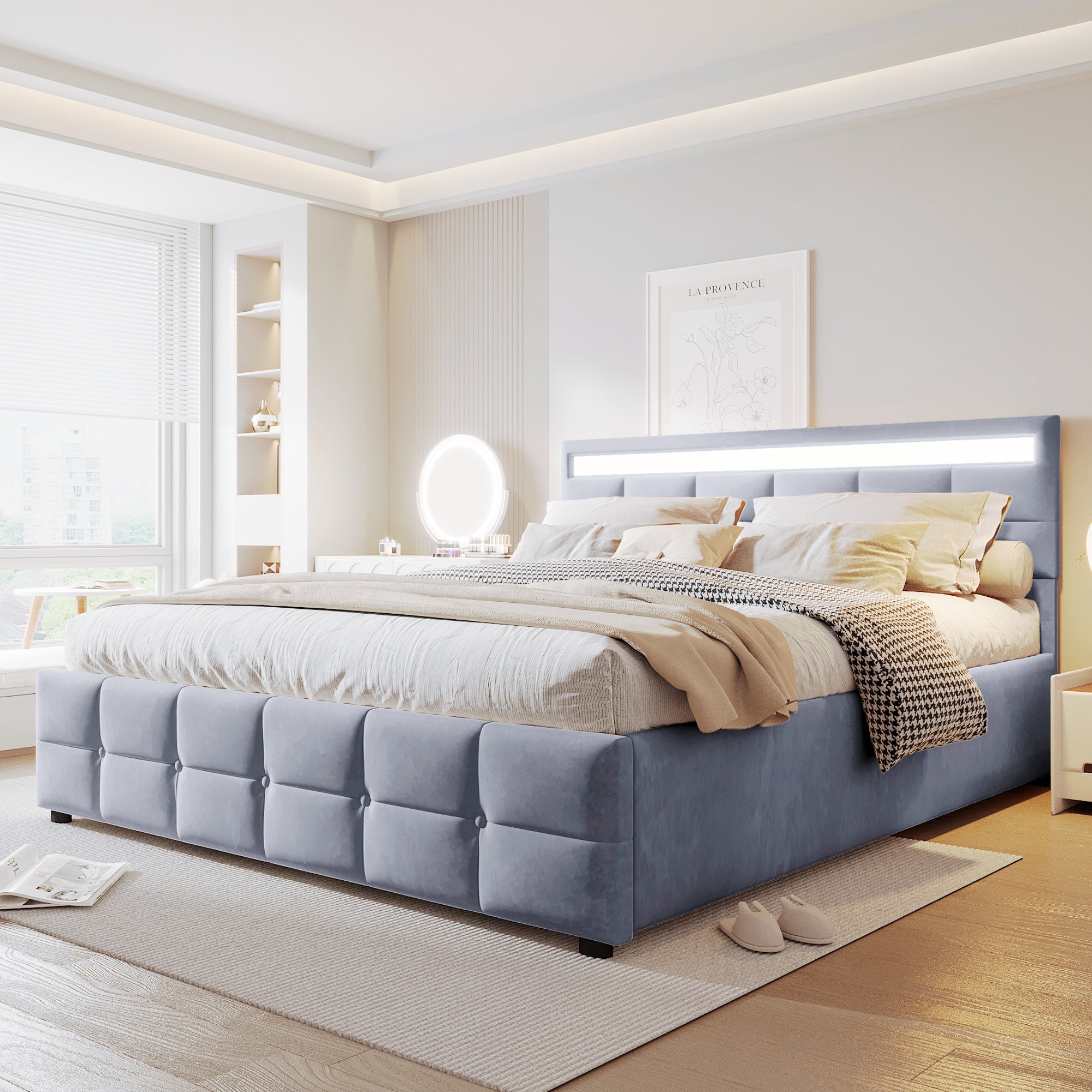 Upholstered Bed with LED Lights, Slatted Frame, Hydraulic, Dutch Velvet Fabric, Grey