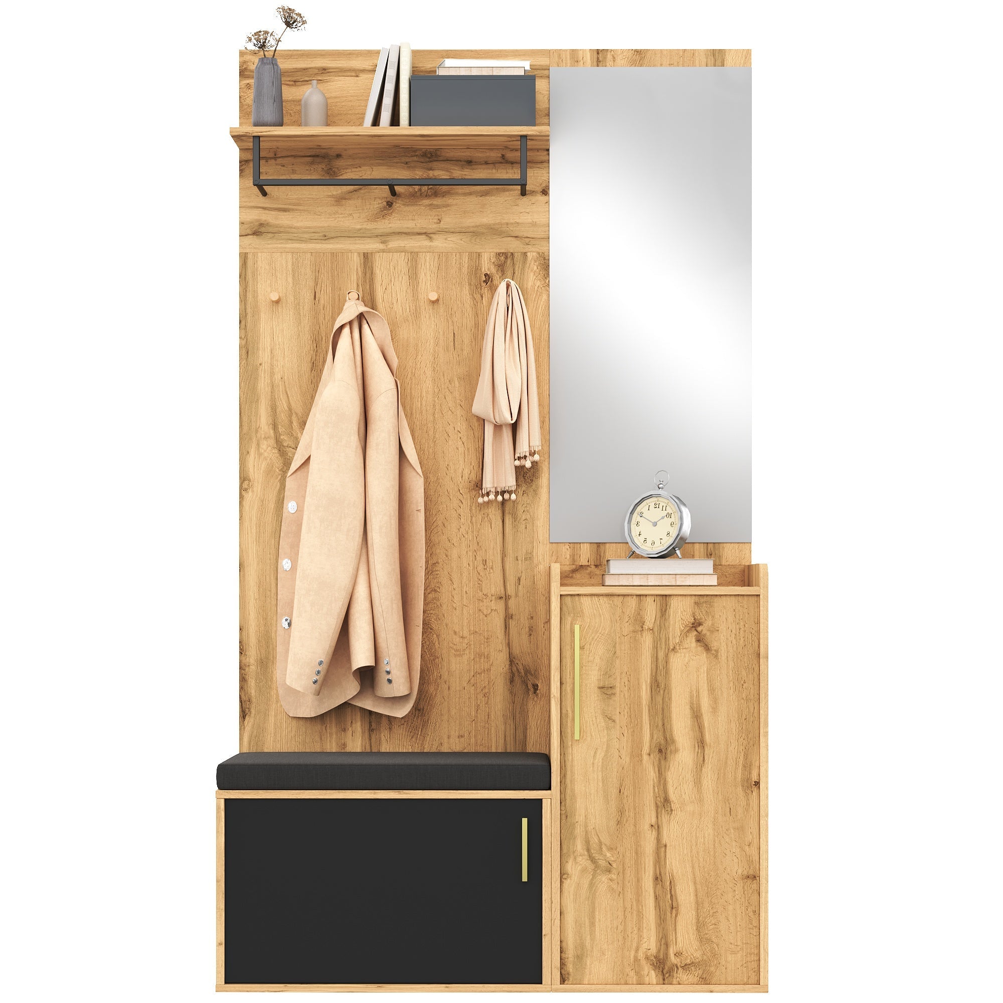 Compact Wardrobe Set, Mirror Bench Shoe Cabinet Hooks, Wood Look