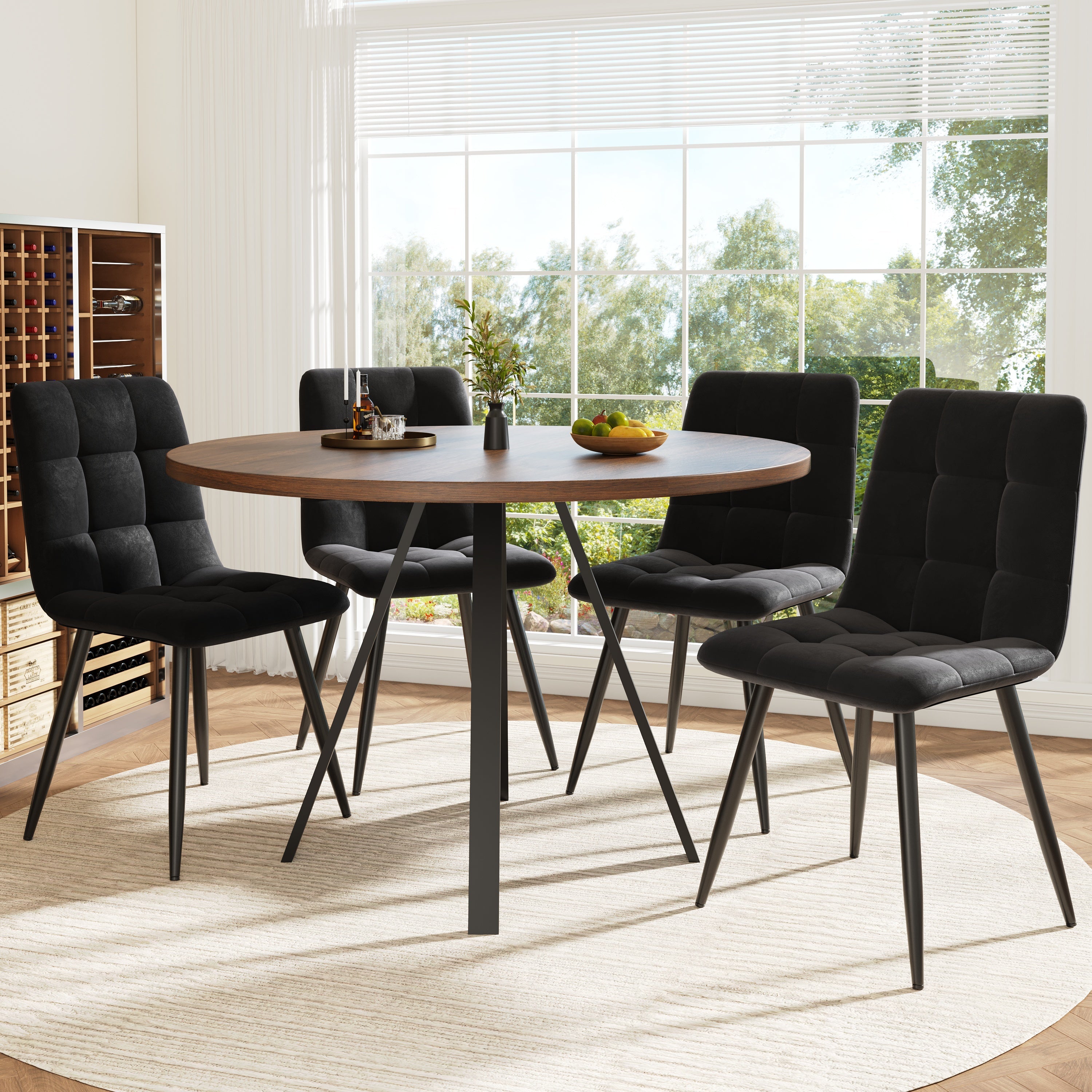 Round Dining Table 80cm Kitchen Coffee Table for 4 Metal Legs Walnut & Black