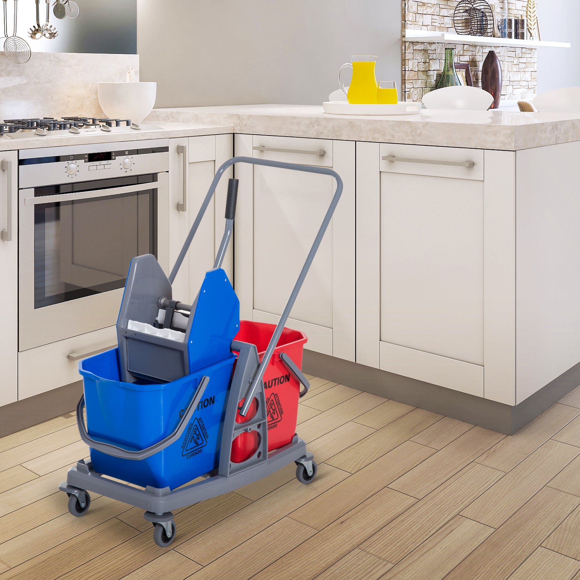Cleaning Trolley 2 Buckets 4 Wheels Metal/PP Blue/Red
