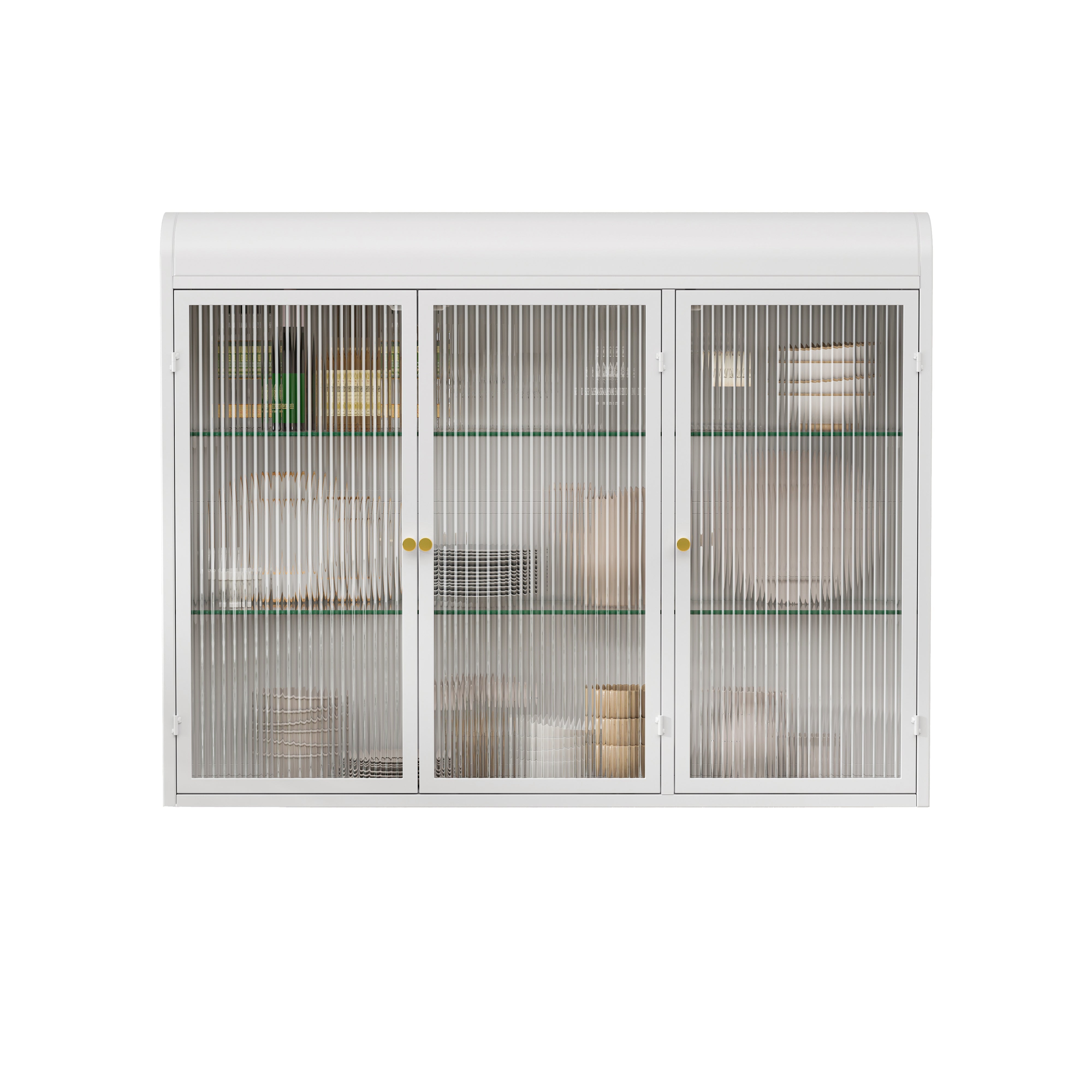 3 Door Arched Wall Mounted Cabinets for Kitchen, Living Room, Bathroom, White Glass