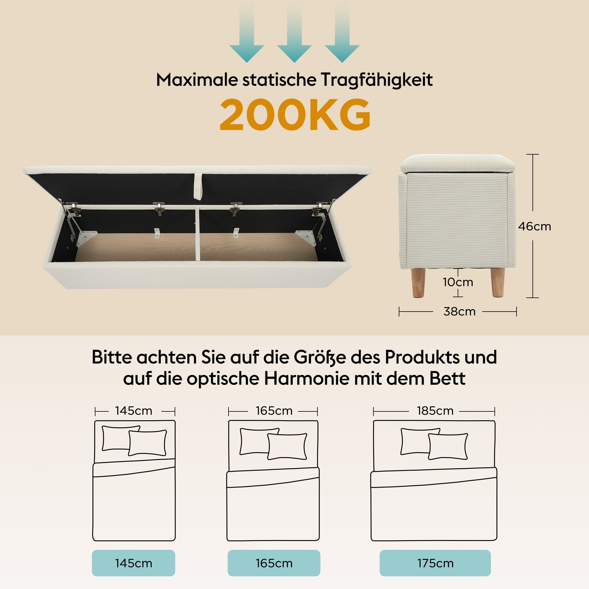 Bed Bench with Hydraulic Storage, 165 x 38 cm, Beige Corduroy