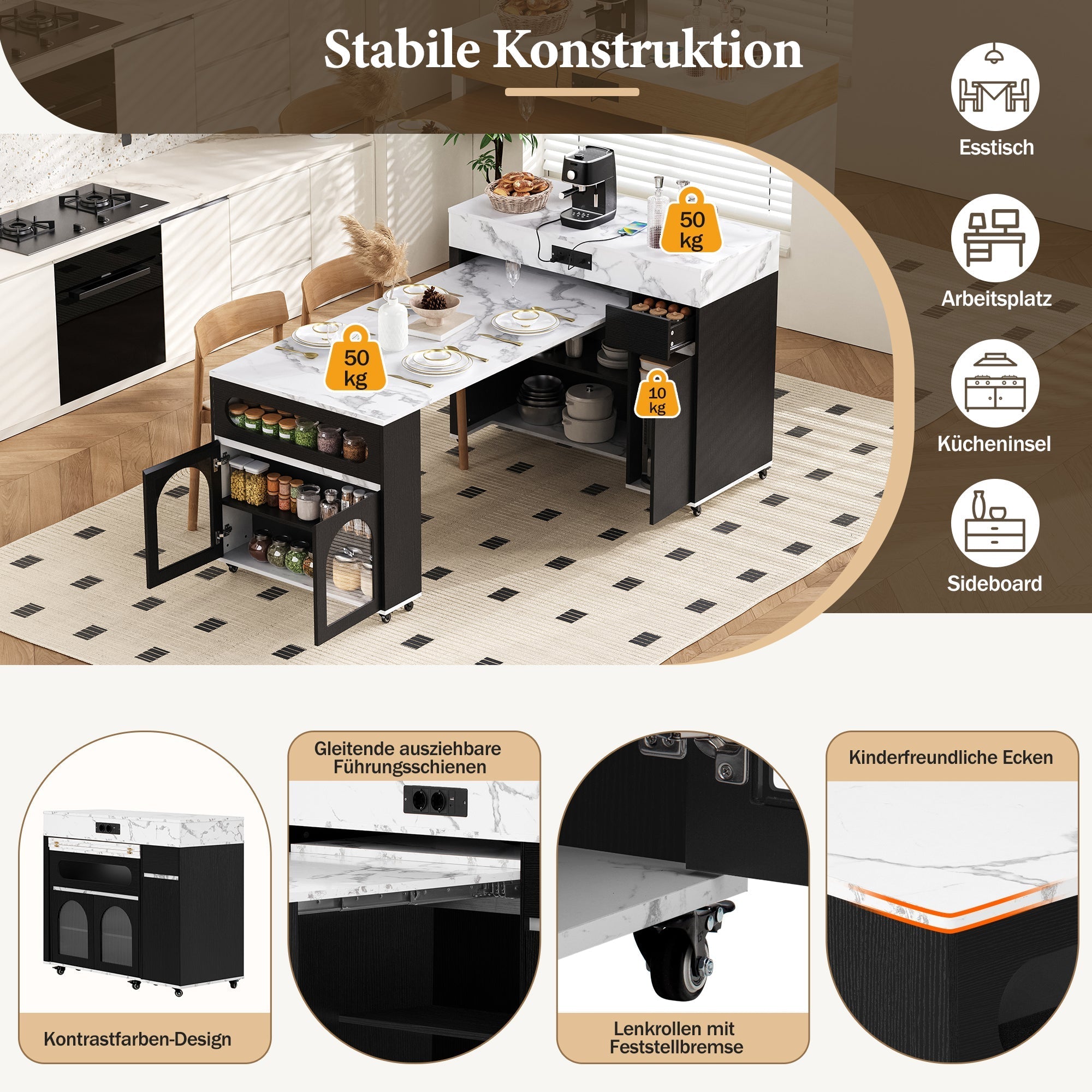 Kitchen Island Extendable Dining Table Power Strips Ribbed Glass Drawer - Black