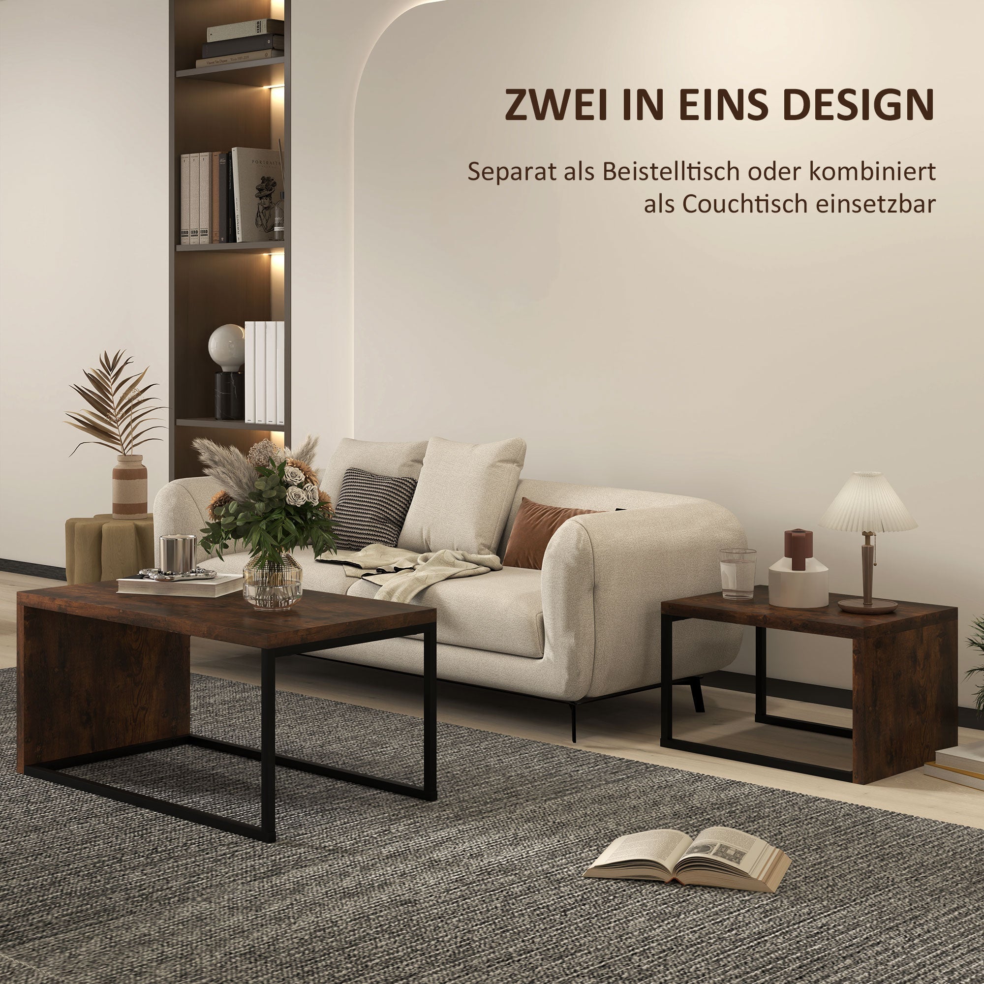 Couchtische, verschachtelt, multifunktional, verschiedene Formen, schwarzes und braunes Metall