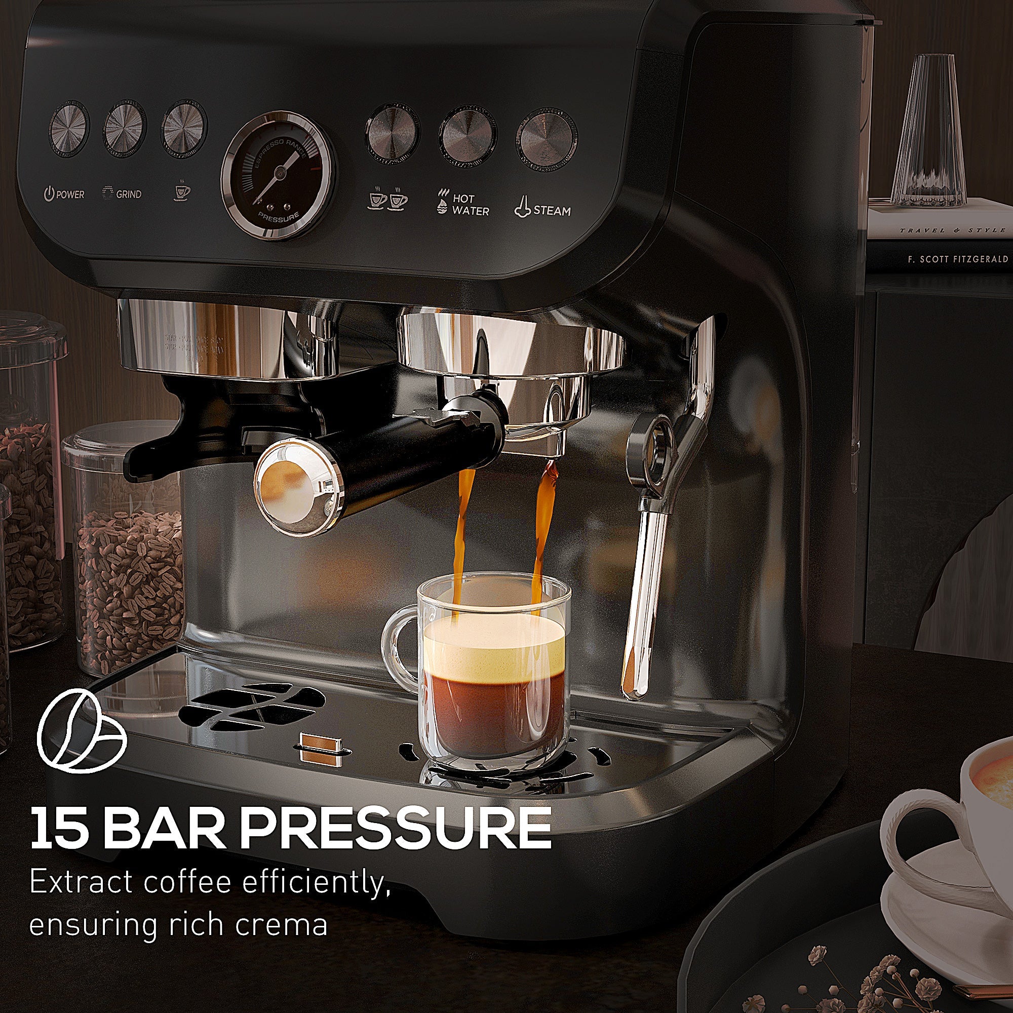 15 Bar Coffee Machine, Adjustable Grind Steamer, Silver