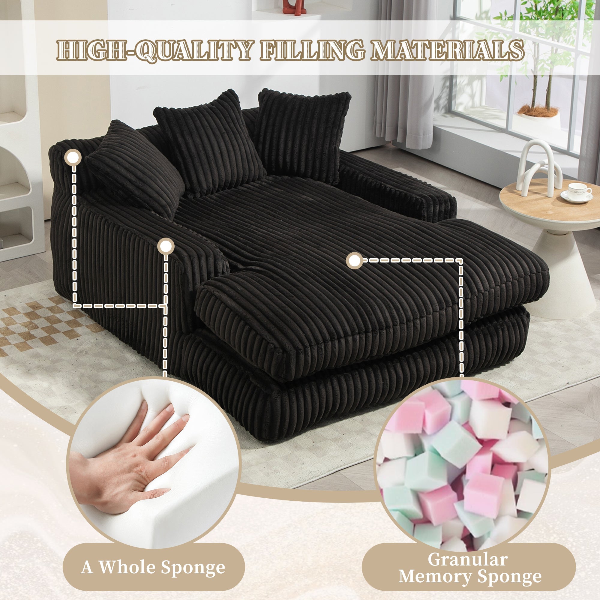GOMYWAY Chaise Lounge Sofa Sleeper Chair with 3 Throw Pillows, Black Corduroy