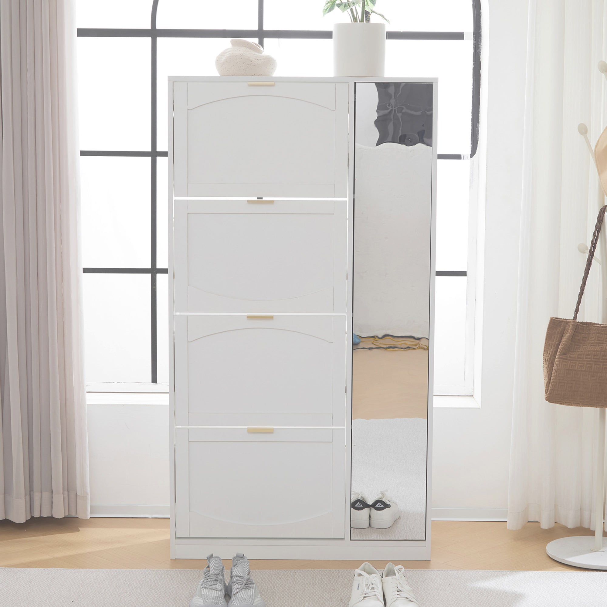 Shoe Cabinet with Mirror 4 Drawers Adjustable Shelf 80x147x24cm - White