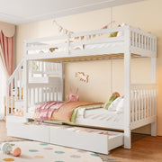 Bunk Bed with Stair Shelf and Two Storage Drawers, 90x200cm, White Pine Wood and MDF