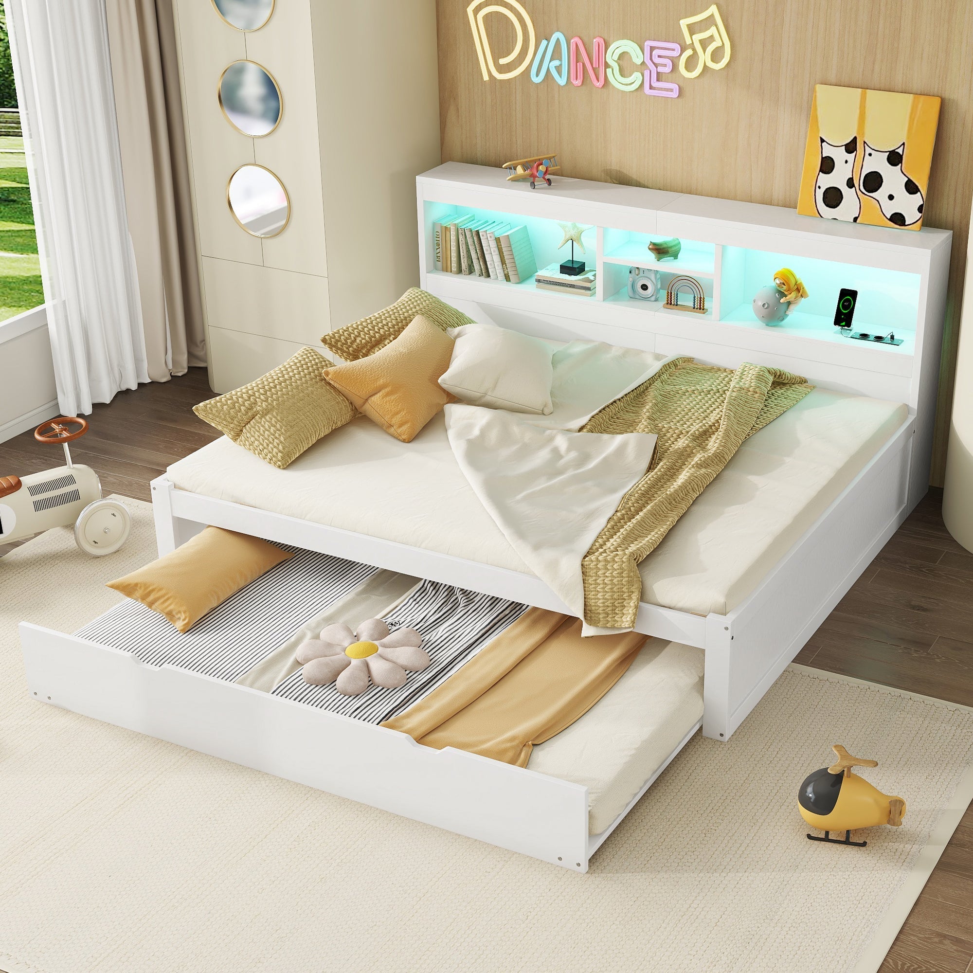 Daybed Sofa Bed 140x200cm Pull-out Bed LED Storage USB/Power Outlet - White