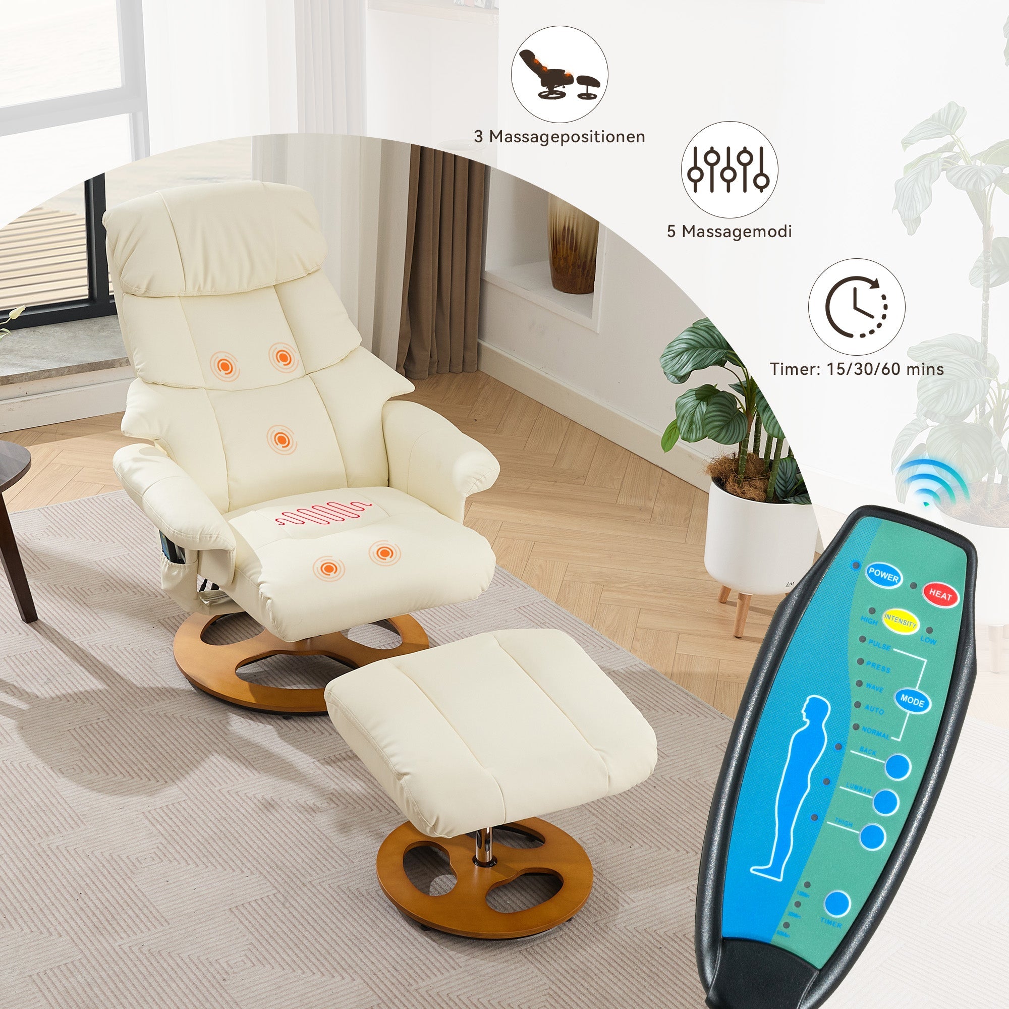 Recliner Chair with Massage, Heat, Reclining, Stool, 360° Rotatable, PU Fabric White