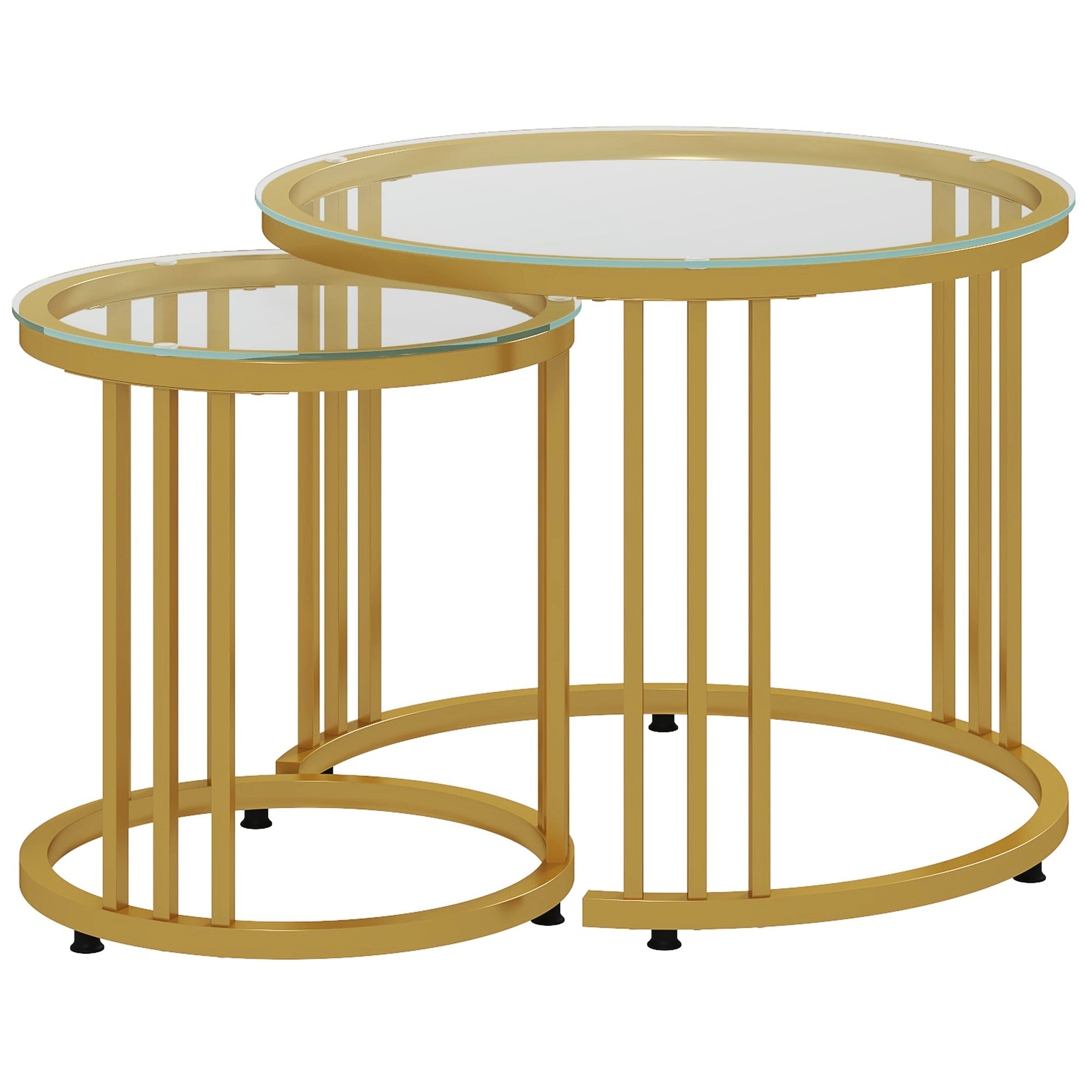 Round Coffee Tables Set of 2, Nesting Tempered Glass Top Steel Frame, Gold Tone