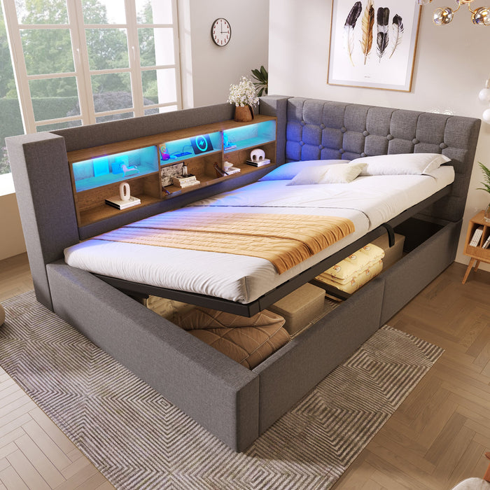Upholstered Double Bed with LED Lighting, Hydraulic Storage and L-Shaped Headboard, 140x200cm, Grey Linen Fabric