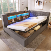 Upholstered Double Bed with LED, Hydraulic Storage and L-Shaped Headboard, 140x190cm, Grey Linen Fabric