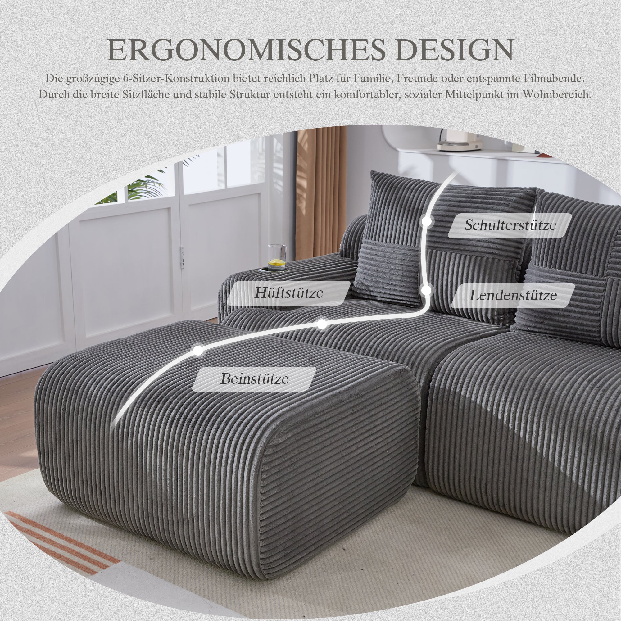 Modular 4-Seater Sofa with 2 Ottomans, Cup Holders and Storage Pocket, Dark Grey Corduroy