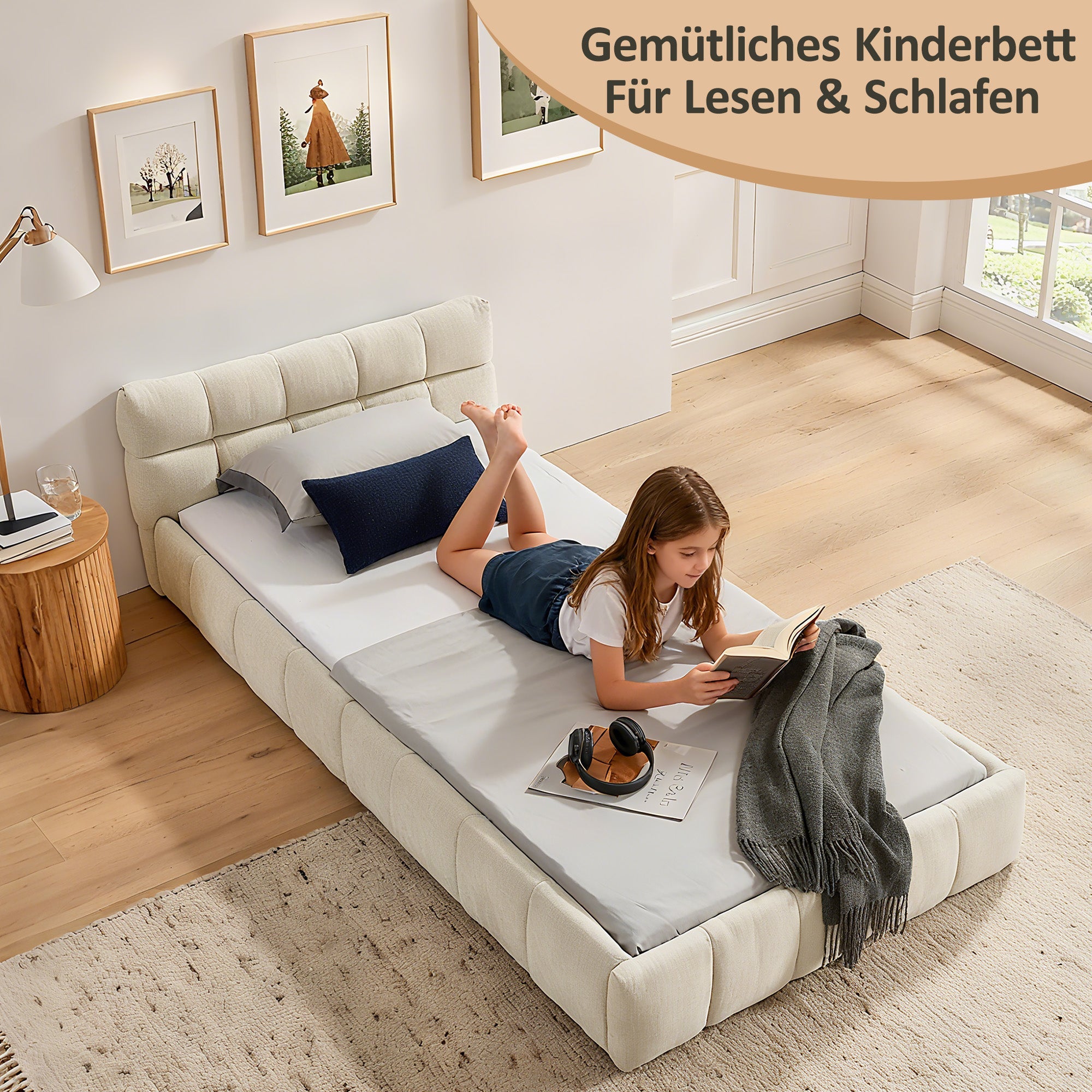 Single Bed 90x200cm Eucalyptus Wood Frame, Chenille Beige