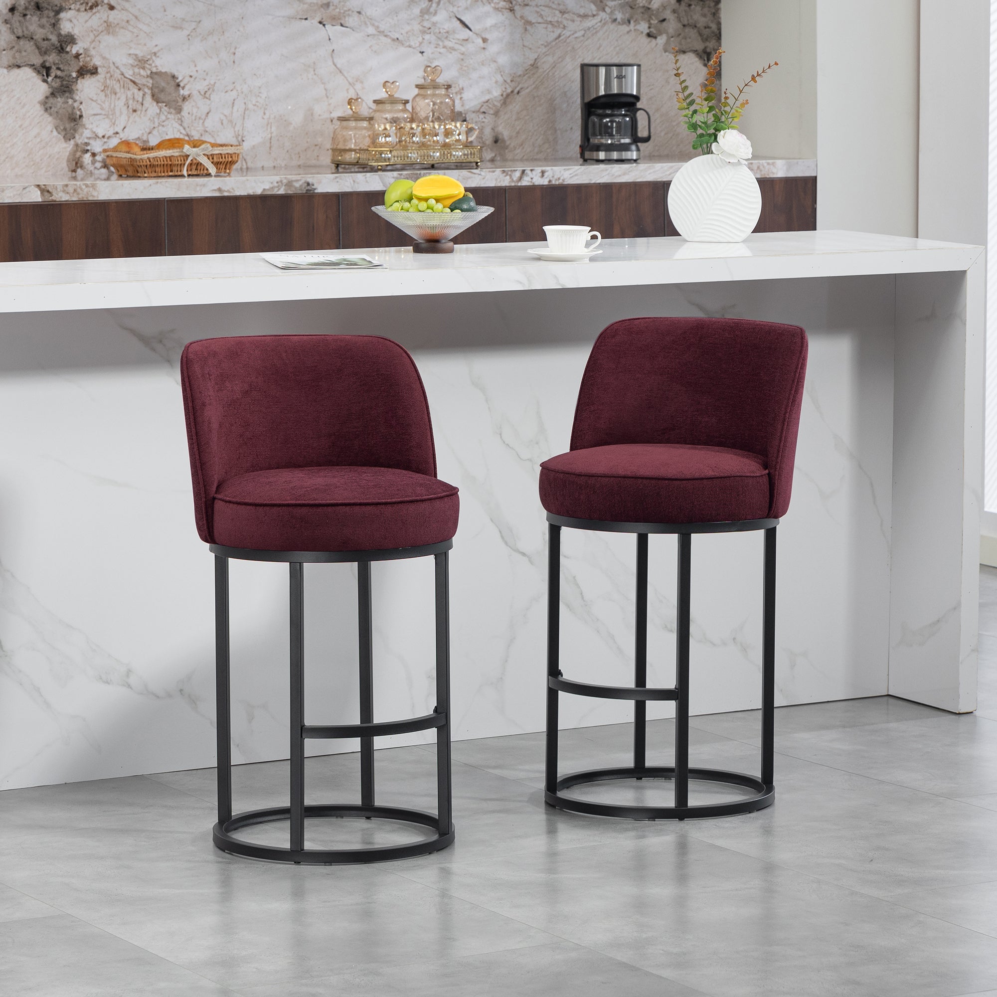 Bar Stools Duo Set with Ergonomic Backrest and Metal Legs, Linen Upholstery
