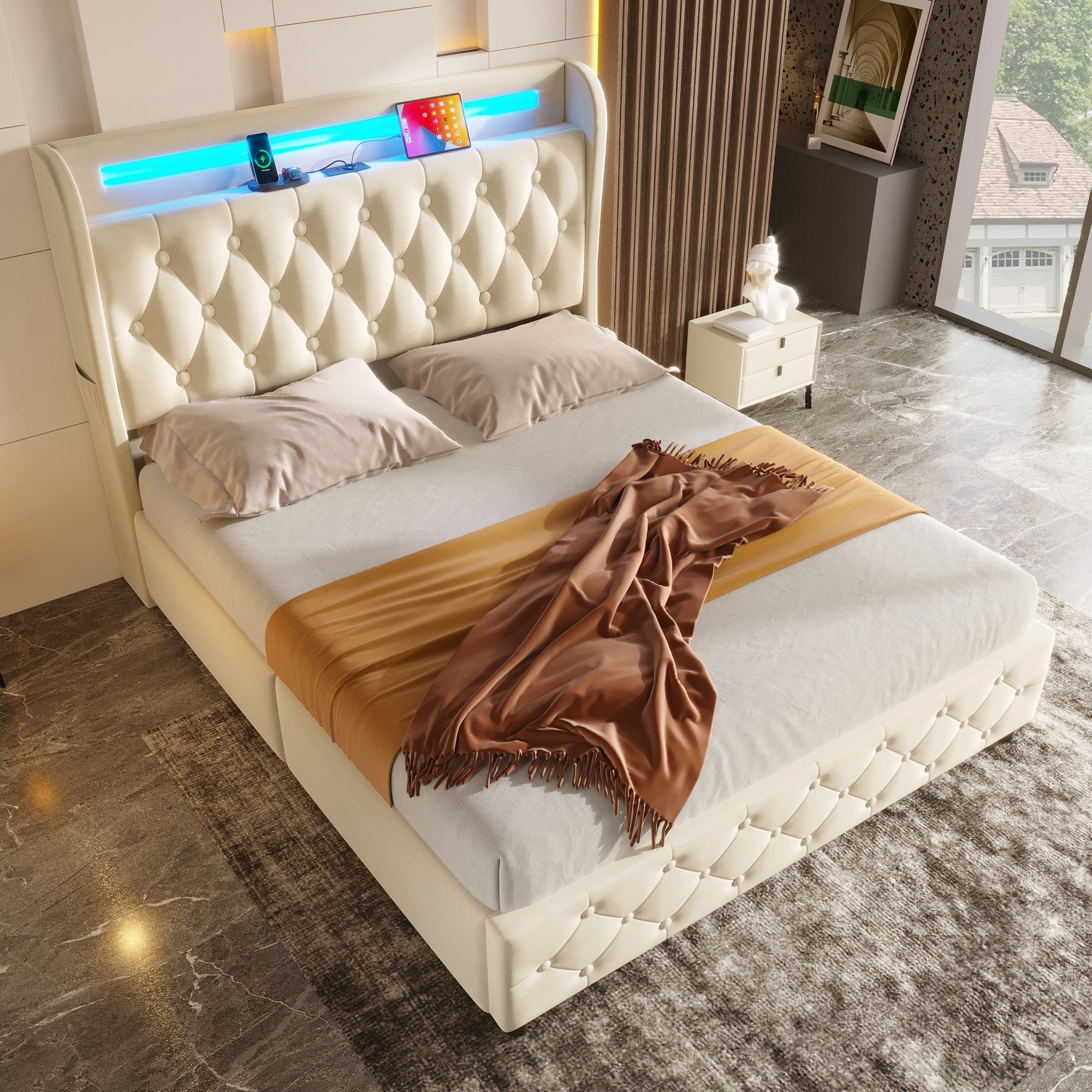 Upholstered Bed 140x190cm LED USB Headboard Storage 4 Drawers - Velvet