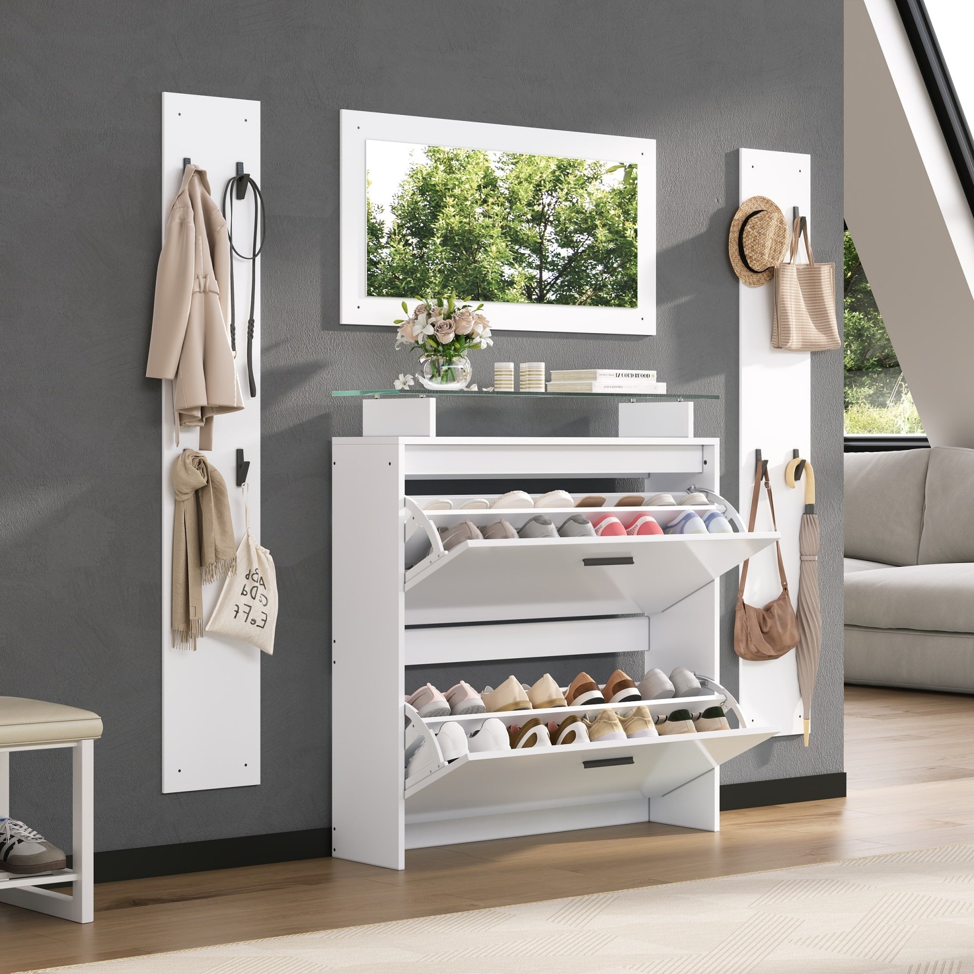 Wardrobe Set 4-Piece with Mirror Shoe Cabinet 8 Hooks, High-Gloss White