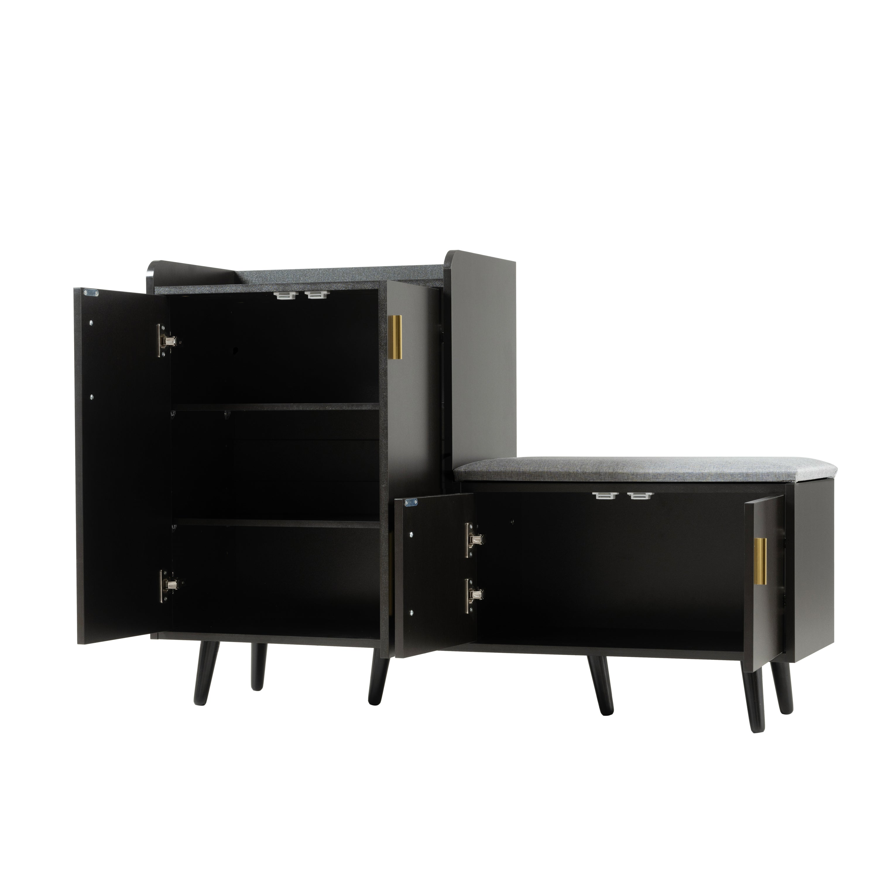 Modern Shoe Bench, Shoe Cabinet with Four Storage Doors, Black Walnut Wood