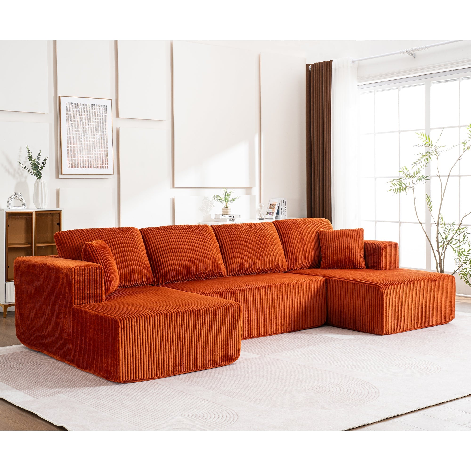 Modern U-Type Leisure Sofa with Modular Non-Assemblable Design and Lounge Chairs, Lamp Fabric