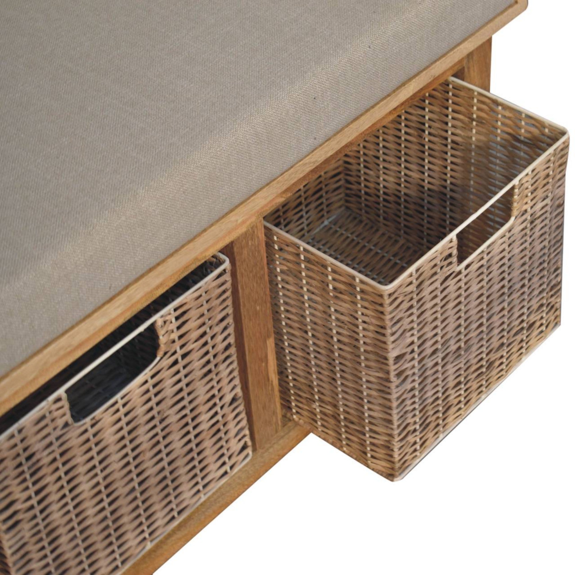 Solid Wood Rattan Basket Bench with 2 Pull-out Storage Baskets, Light Brown