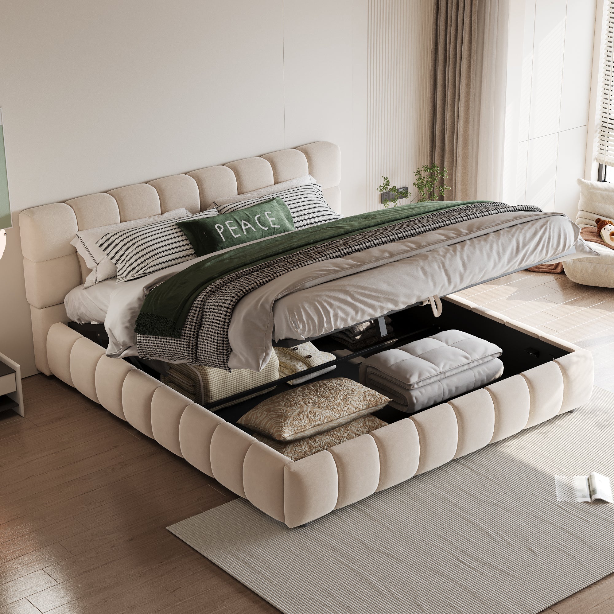 Upholstered Bed 140x190cm Hydraulic Storage Double, Velvet Beige