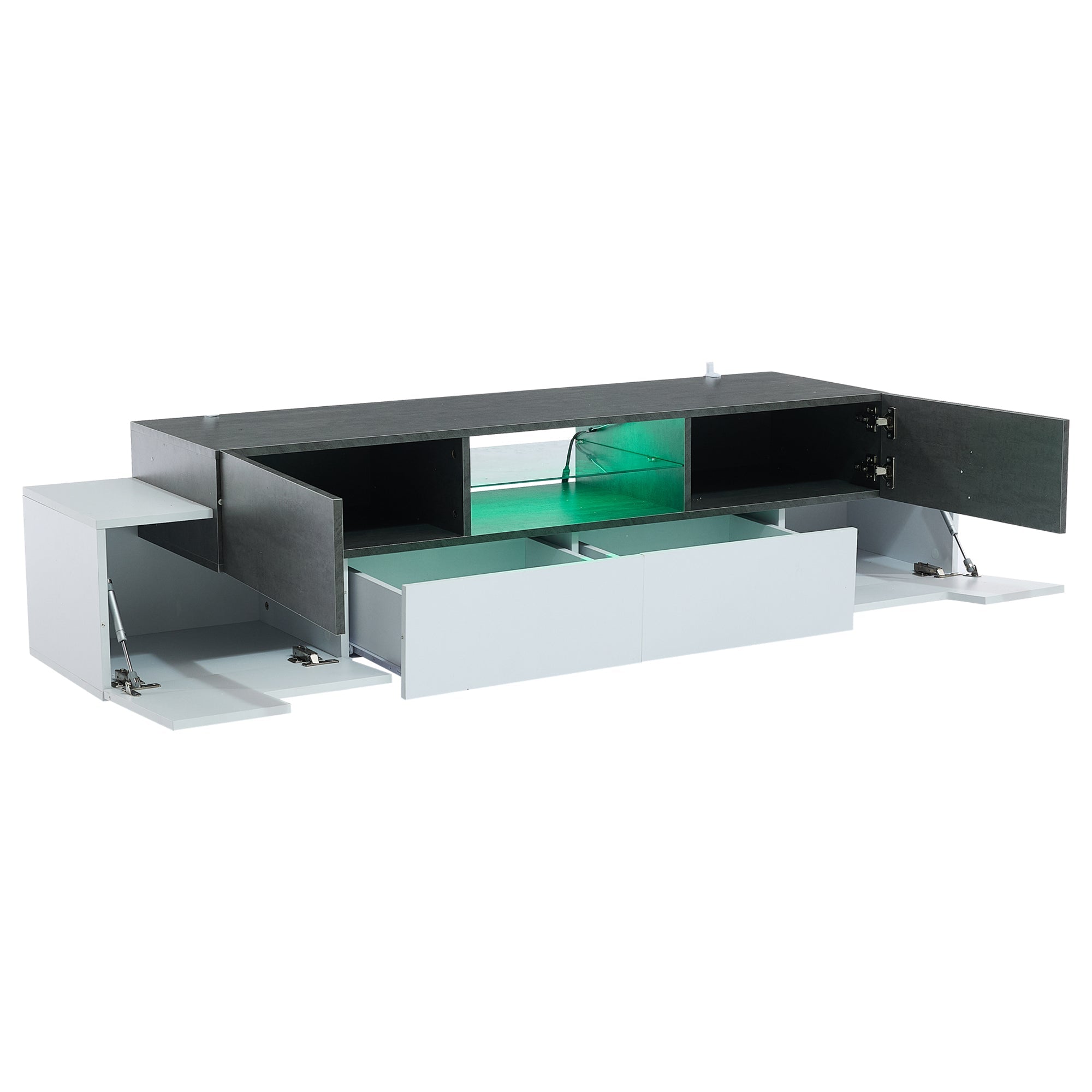 LED TV Cabinet, Entertainment Center with Glass Shelves, White+Gray