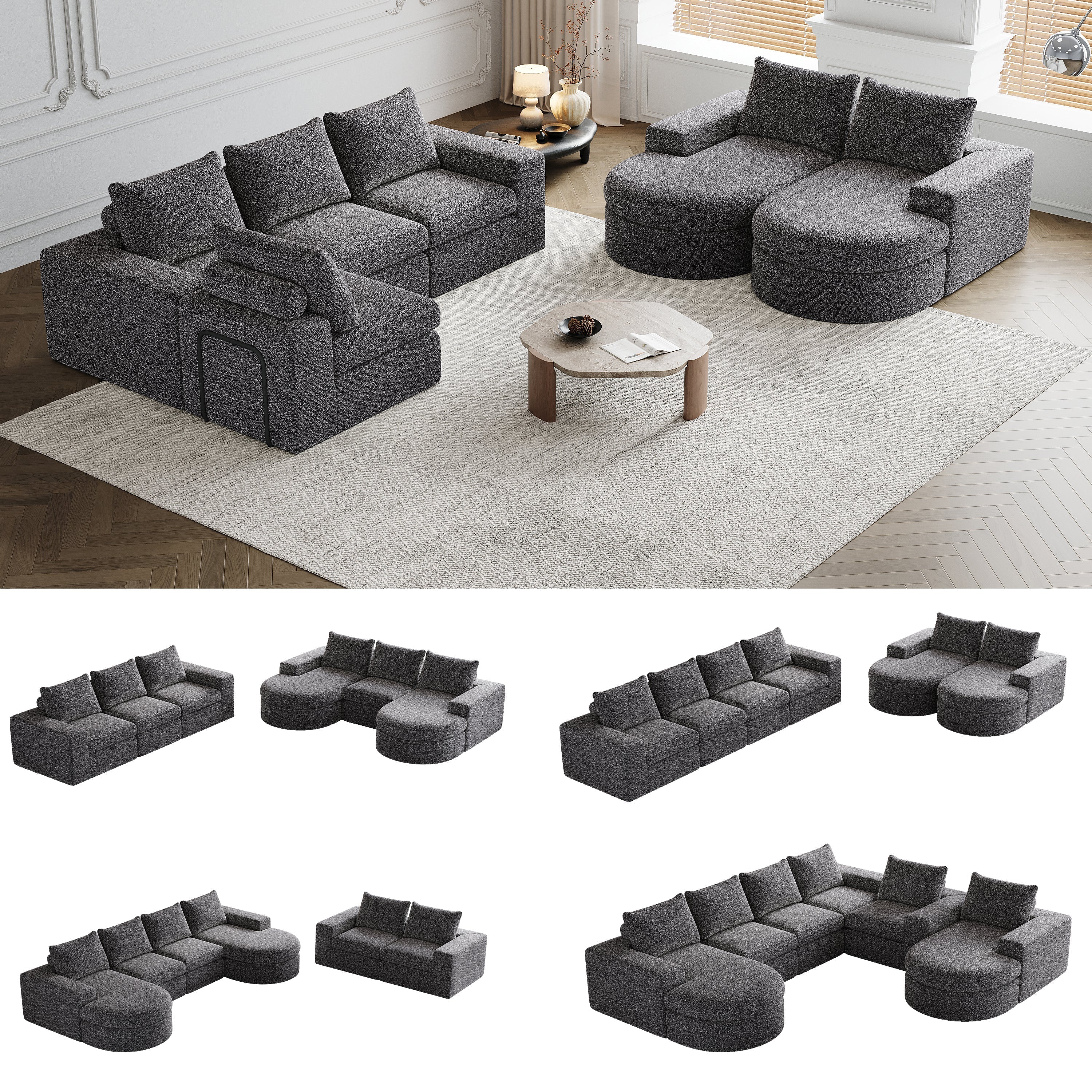 Chenille Sofa, Curved Modular L-Lounger, Foam Compressed