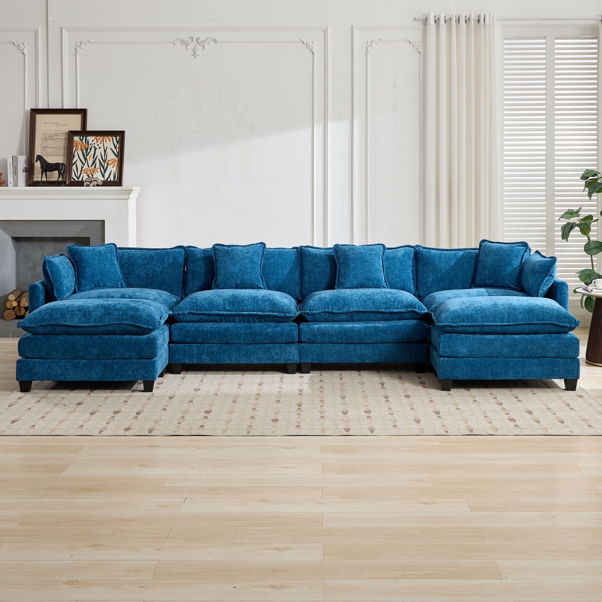 Cloud Sofa 4 Seats Sectional Couch with Double Layer Upholstered Cushion, Blue Chenille Fabric