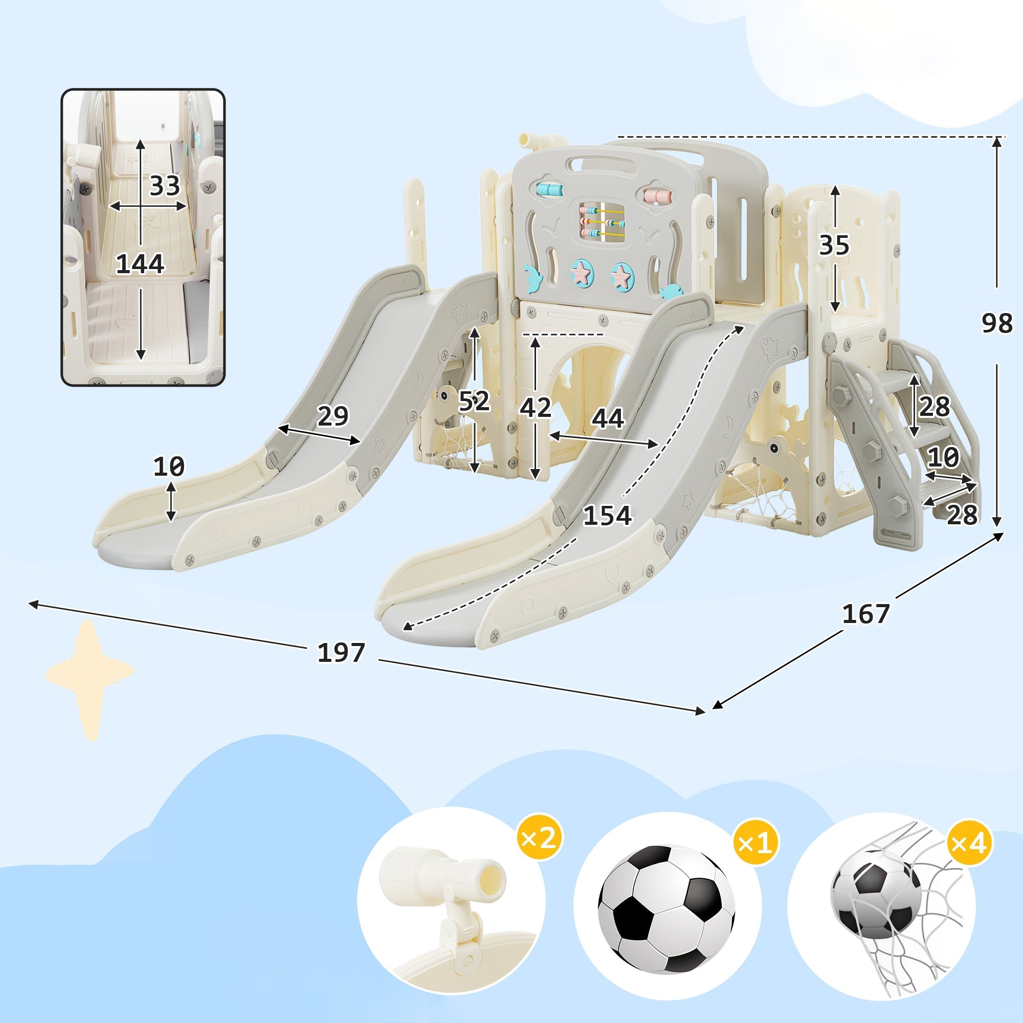 8-in-1 Children's Playground Set, Slide, Tunnel, Basketball Hoop, Telescope, Climbing Frame, Freestanding