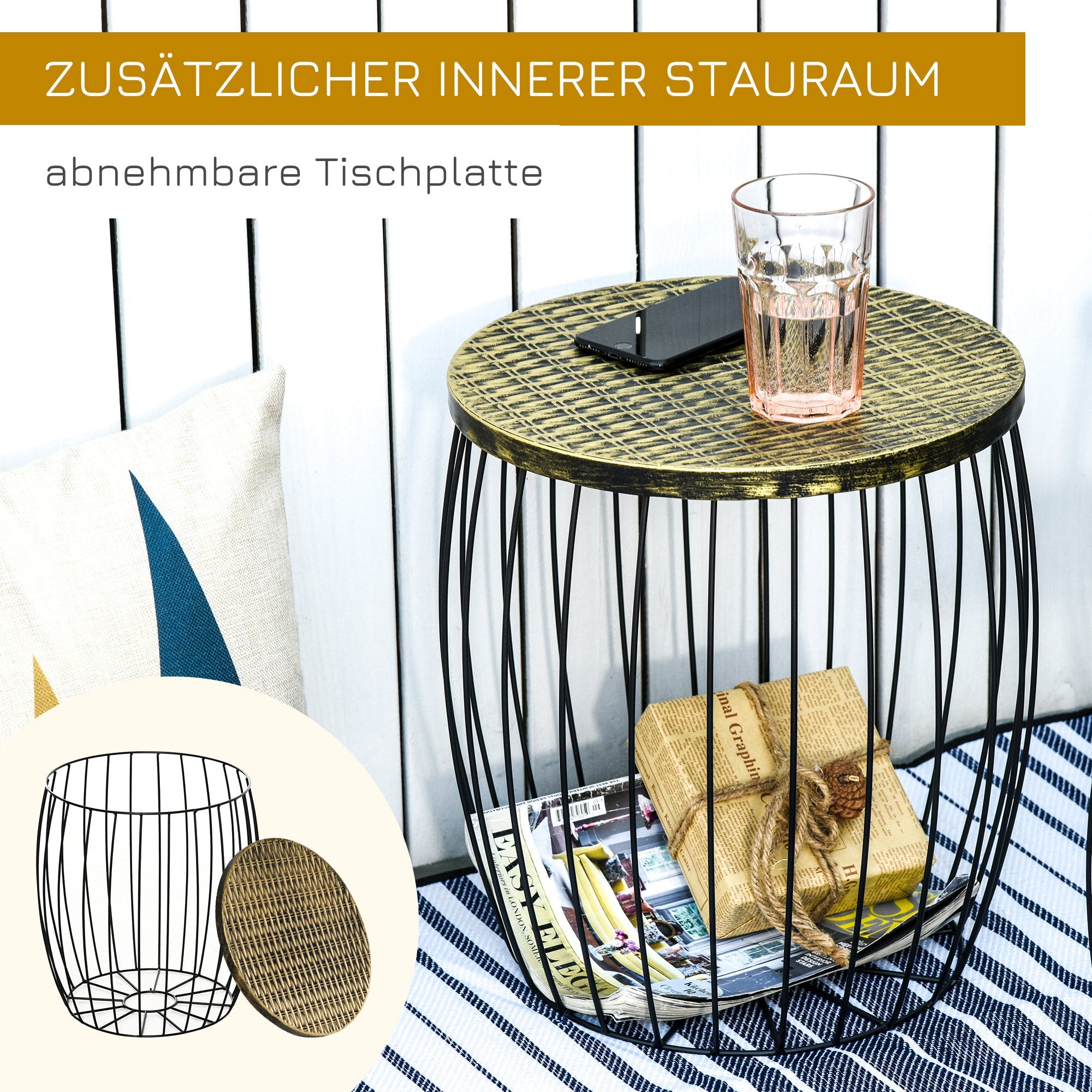 Side tables, Set of 3 Retro Style Metal Basket, Natural and Black