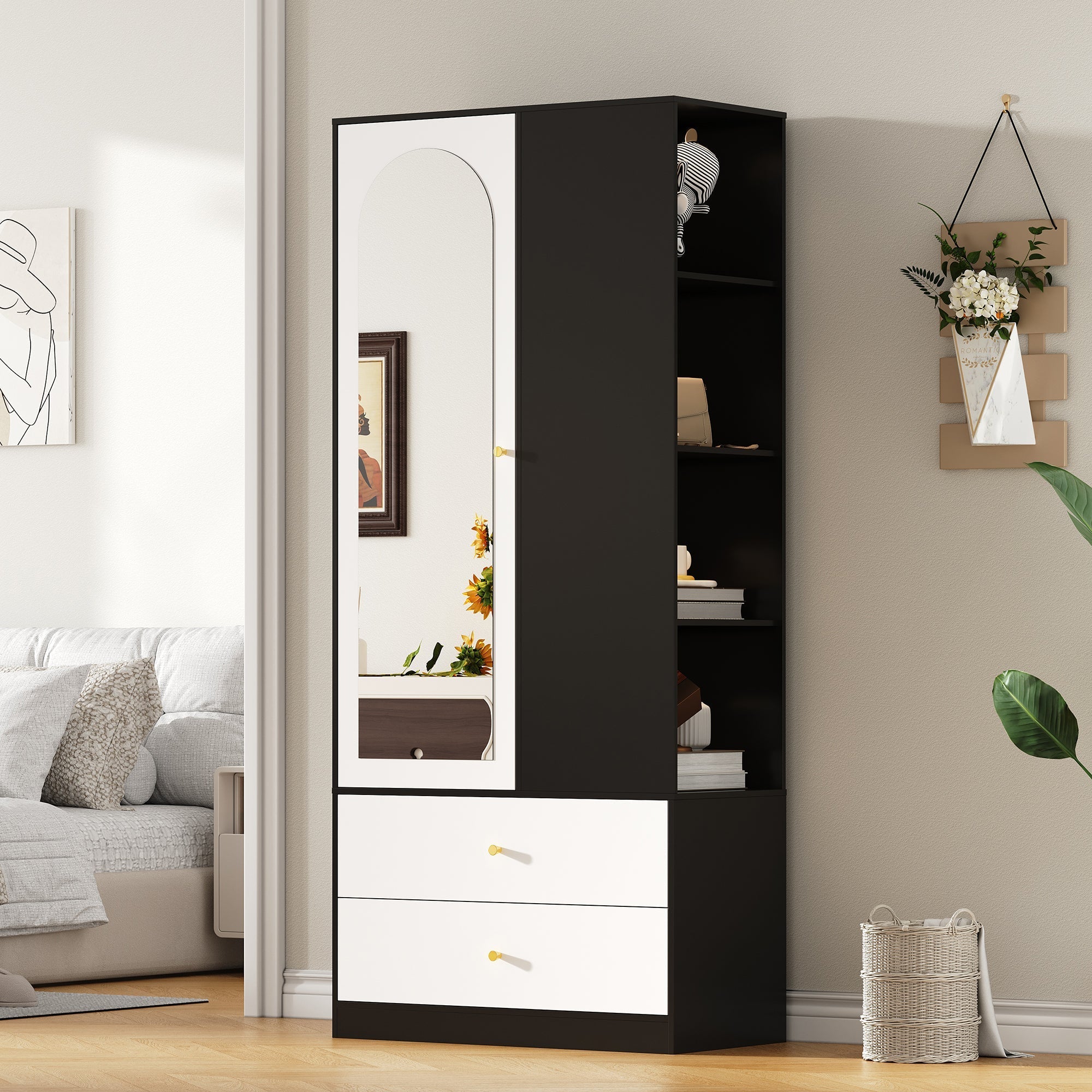 Wardrobe with Mirror 2 Drawers 4 Shelves Bedroom Storage 80x40x180cm White and Black