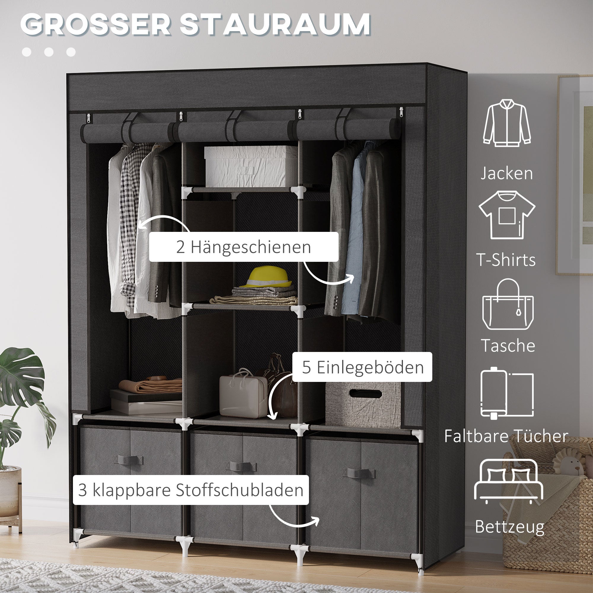 Foldable Wardrobe with Zipper Storage, Non-Woven Fabric, Dark Grey