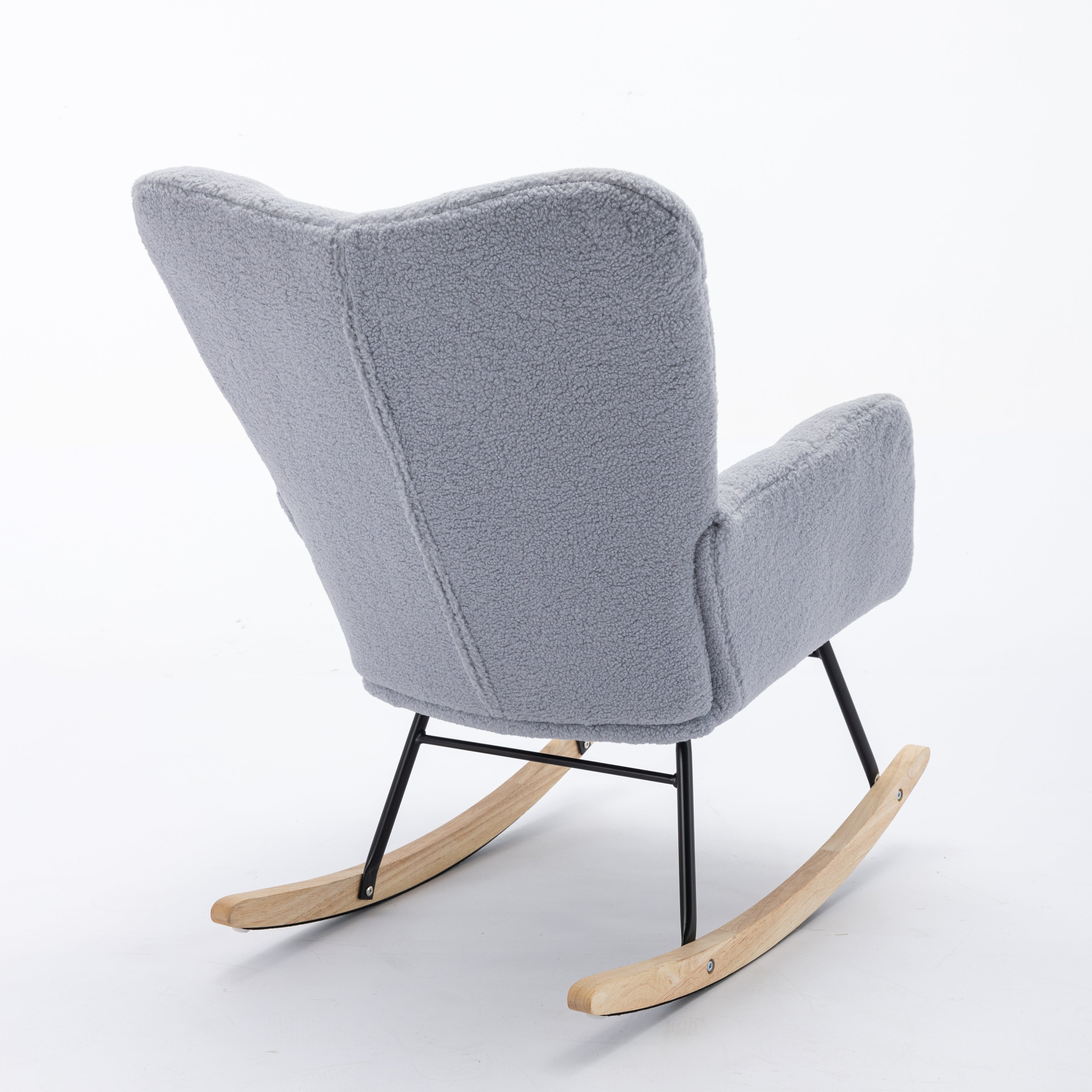 Mid century modern rocking chair with tufted cover and padded seat, light grey