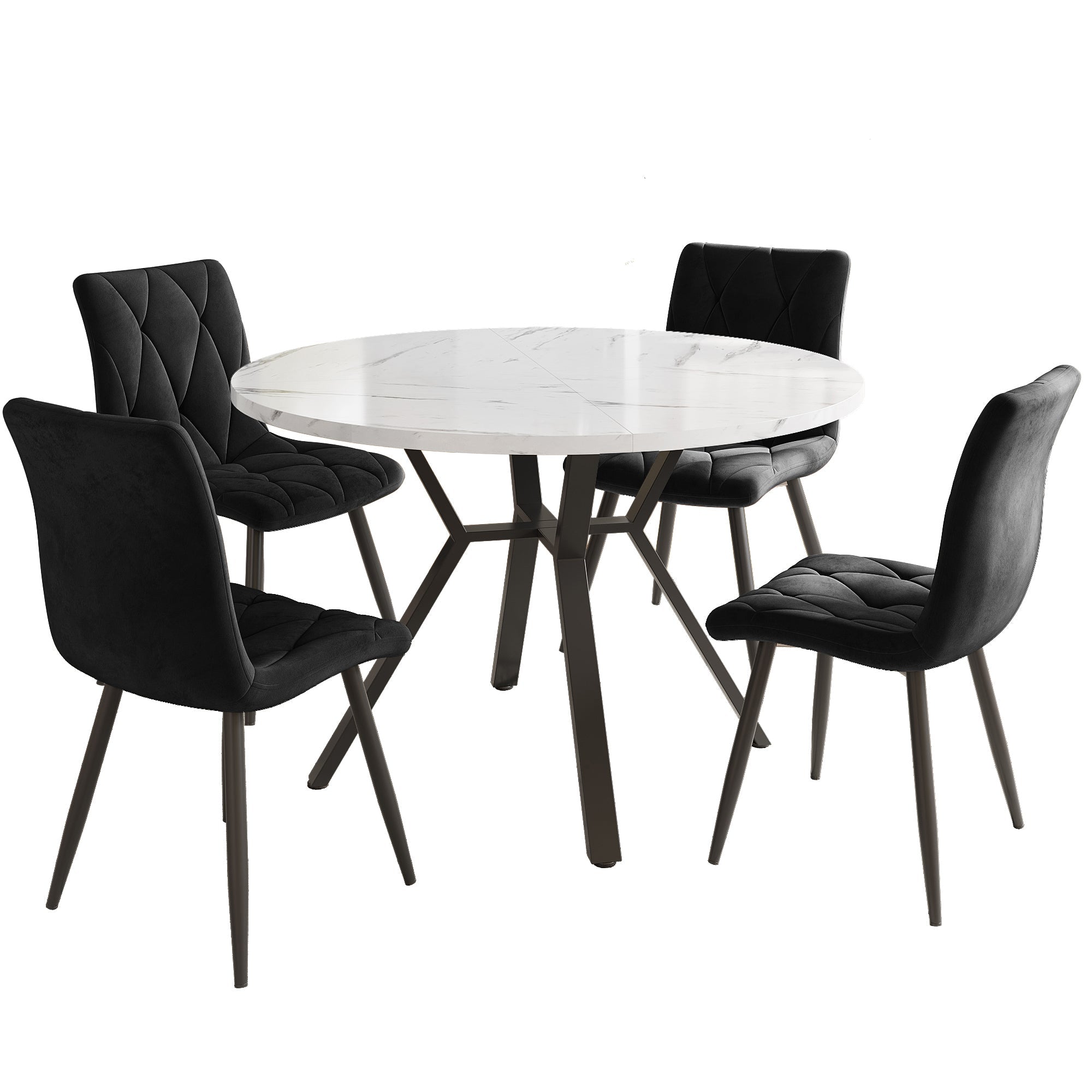 Dining Table and Chair Set 5-Piece Round Marble Table 4 Ergonomic Chairs Black Metal & Black Suede