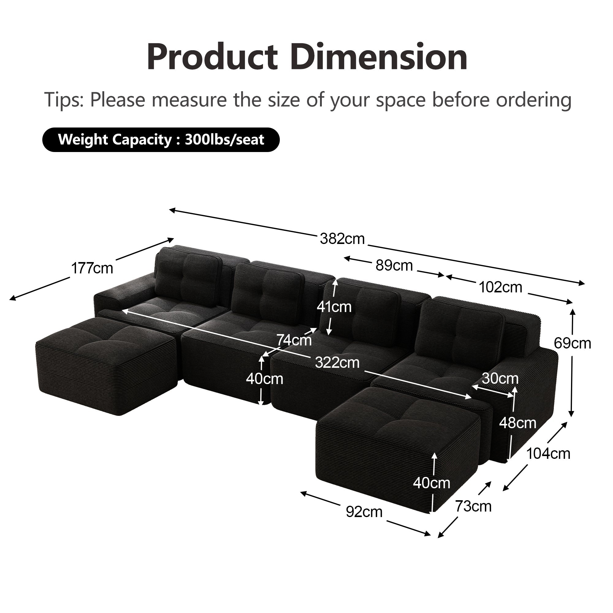 Modular Cloud Sofa U-Shaped Chaise Lounge 4-Seater Corduroy Black