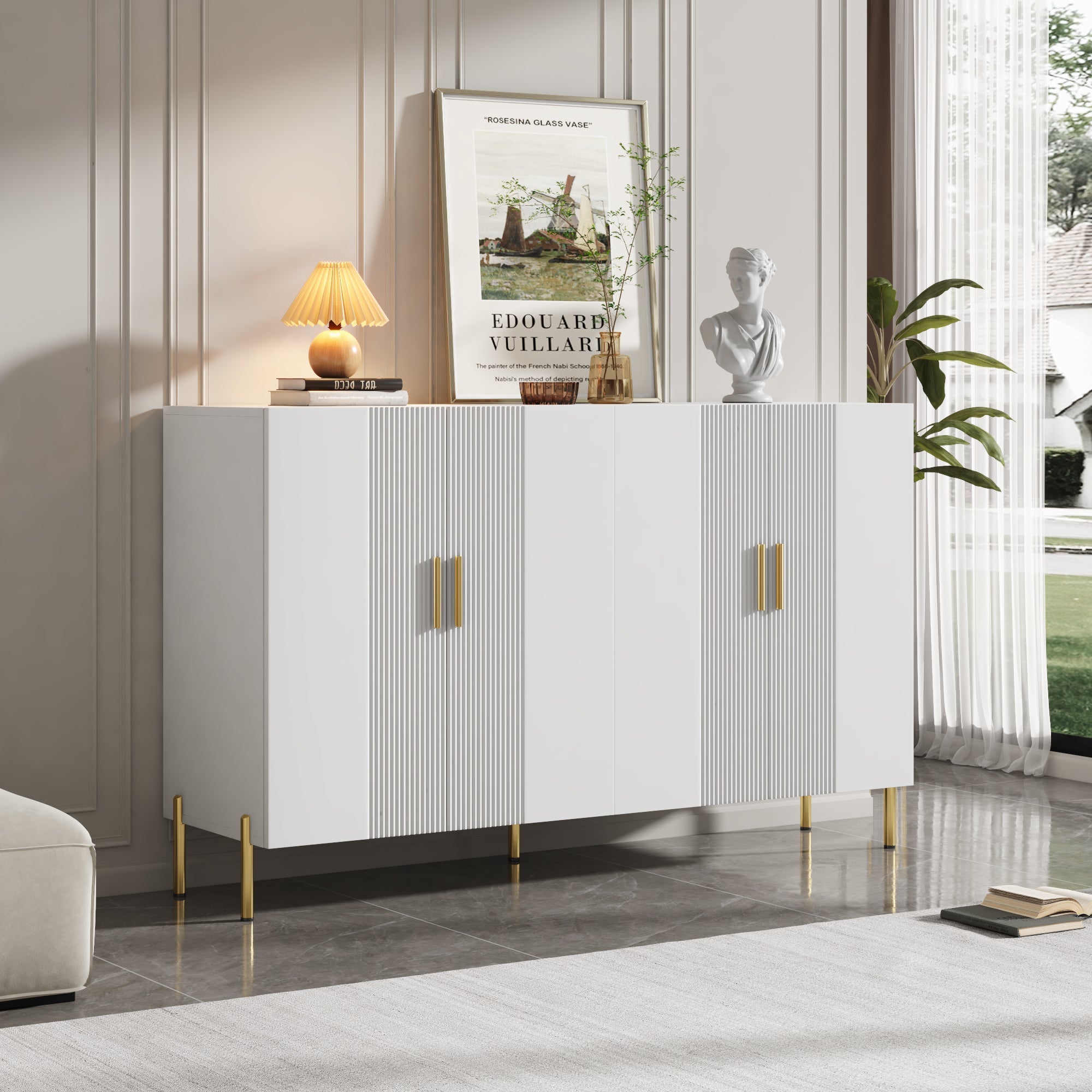 Multifunctional Storage Cabinet, 4 Doors Dining Room Gold Decoration, White Matte