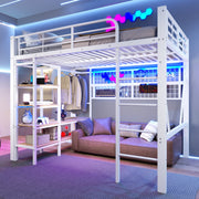 Loft Bed with Storage, LED Light and Clothes Rail, 140 x 200 cm, White Iron Frame