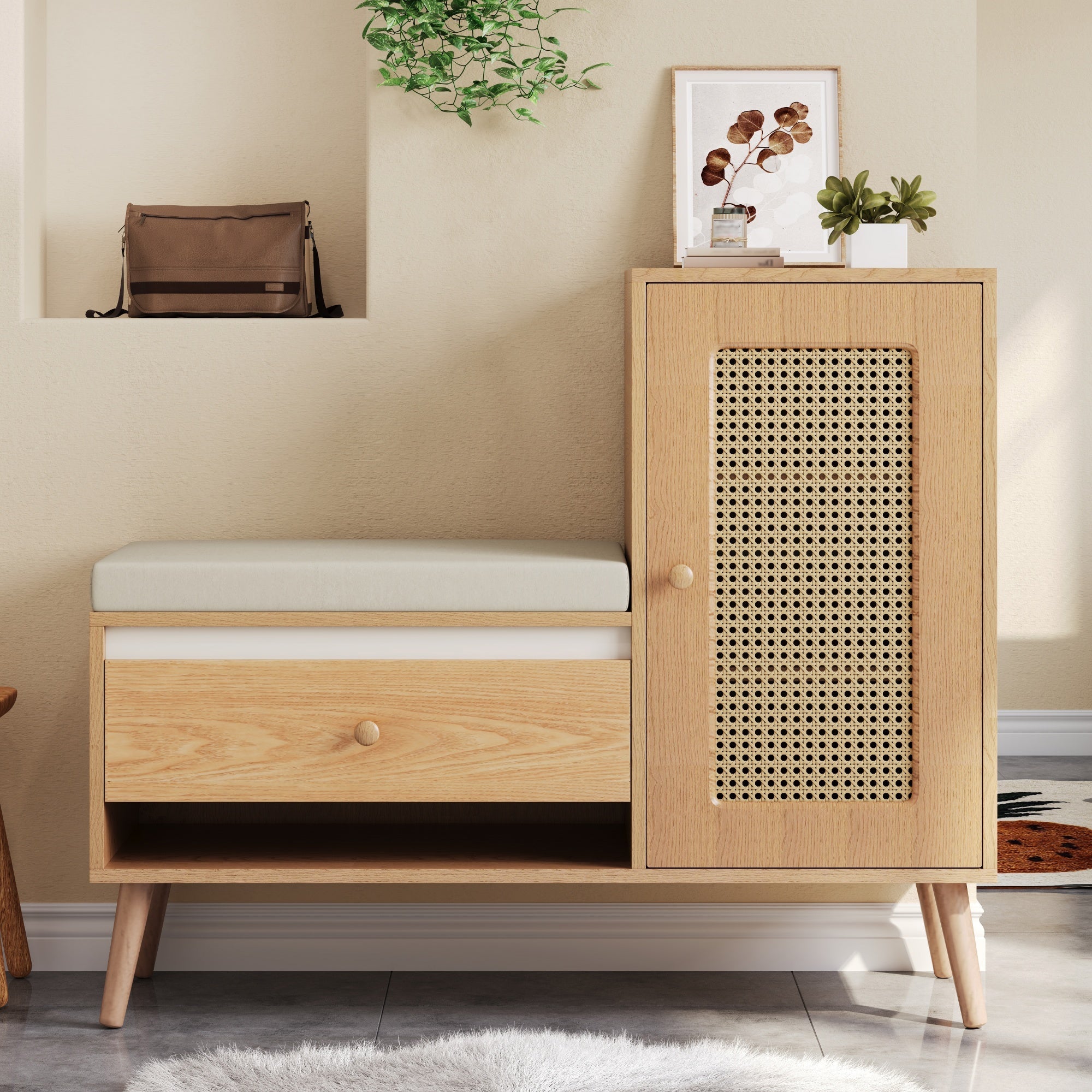 Shoe Cabinet, Entryway Bench with Storage Drawers and Seat Cushion, Rattan