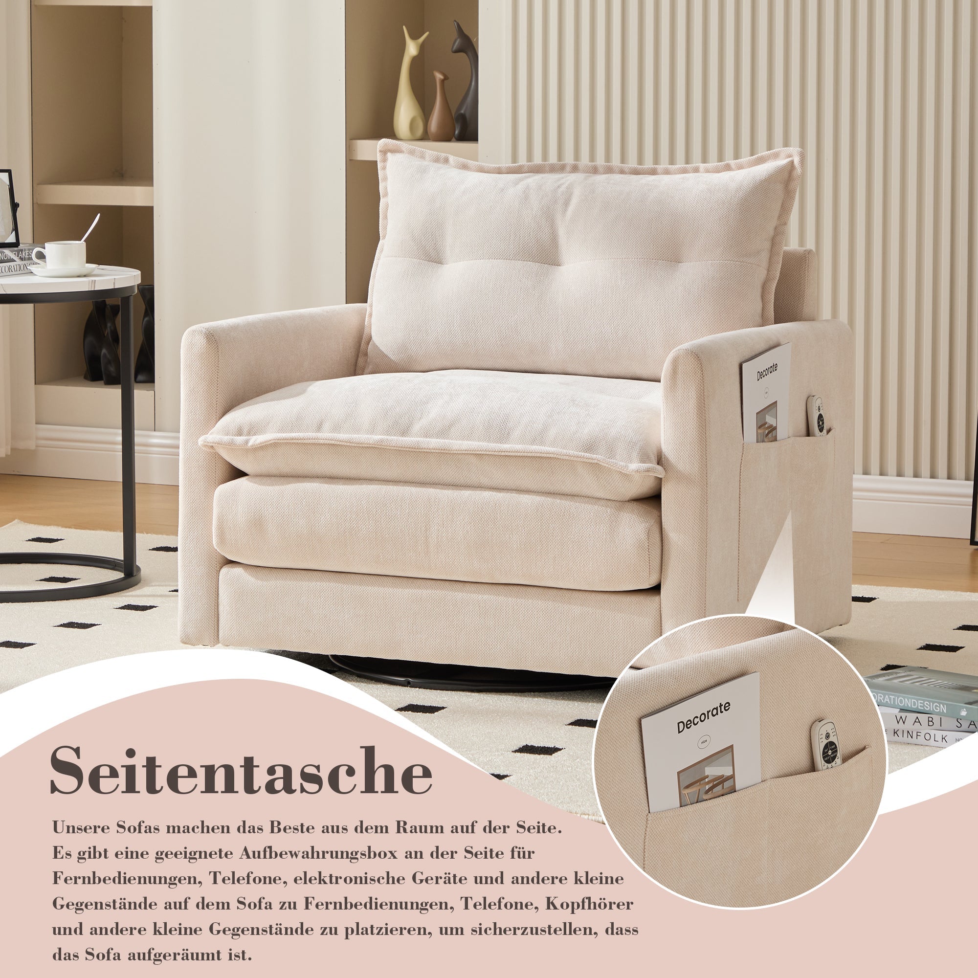 Lounge Chair, 360° Rotating, Armrests & Cushions, Modern Style