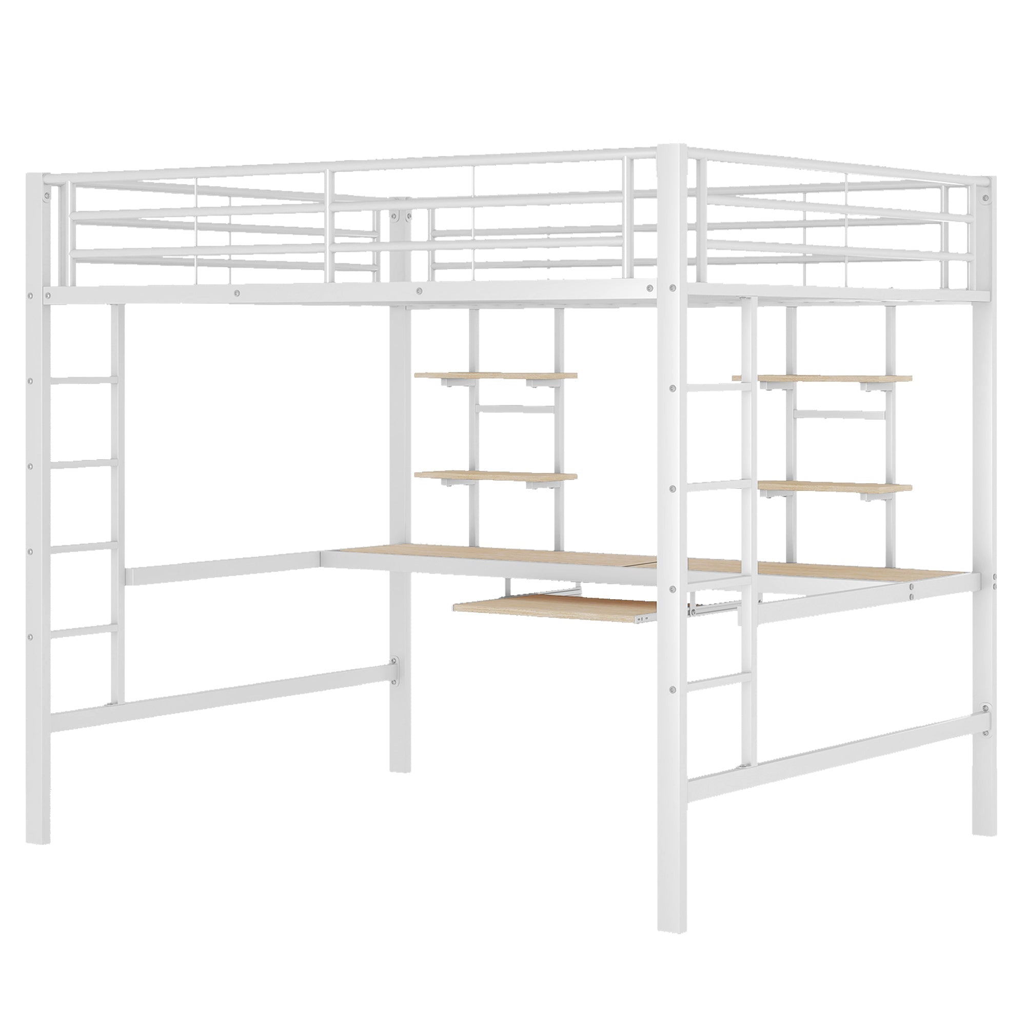 Loft Bed with Desk and Bookshelves, 140x200 cm Metal Frame, White