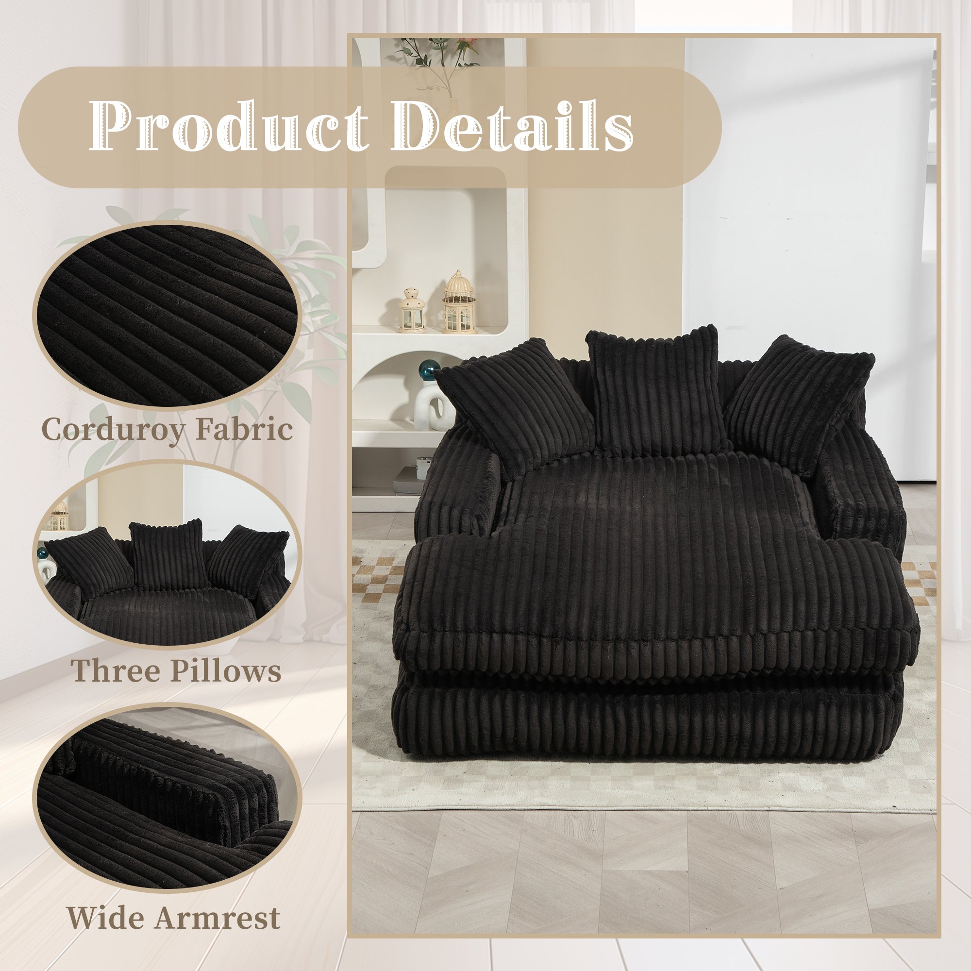 GOMYWAY Chaise Lounge Sofa Sleeper Chair with 3 Throw Pillows, Black Corduroy