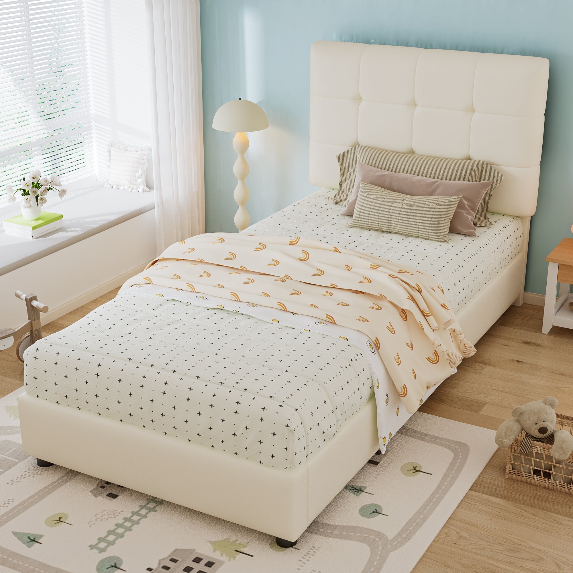 Children's Upholstered Bed 90x200cm Soft Biscuit Headboard with Anti-Collision Edge Beige PU