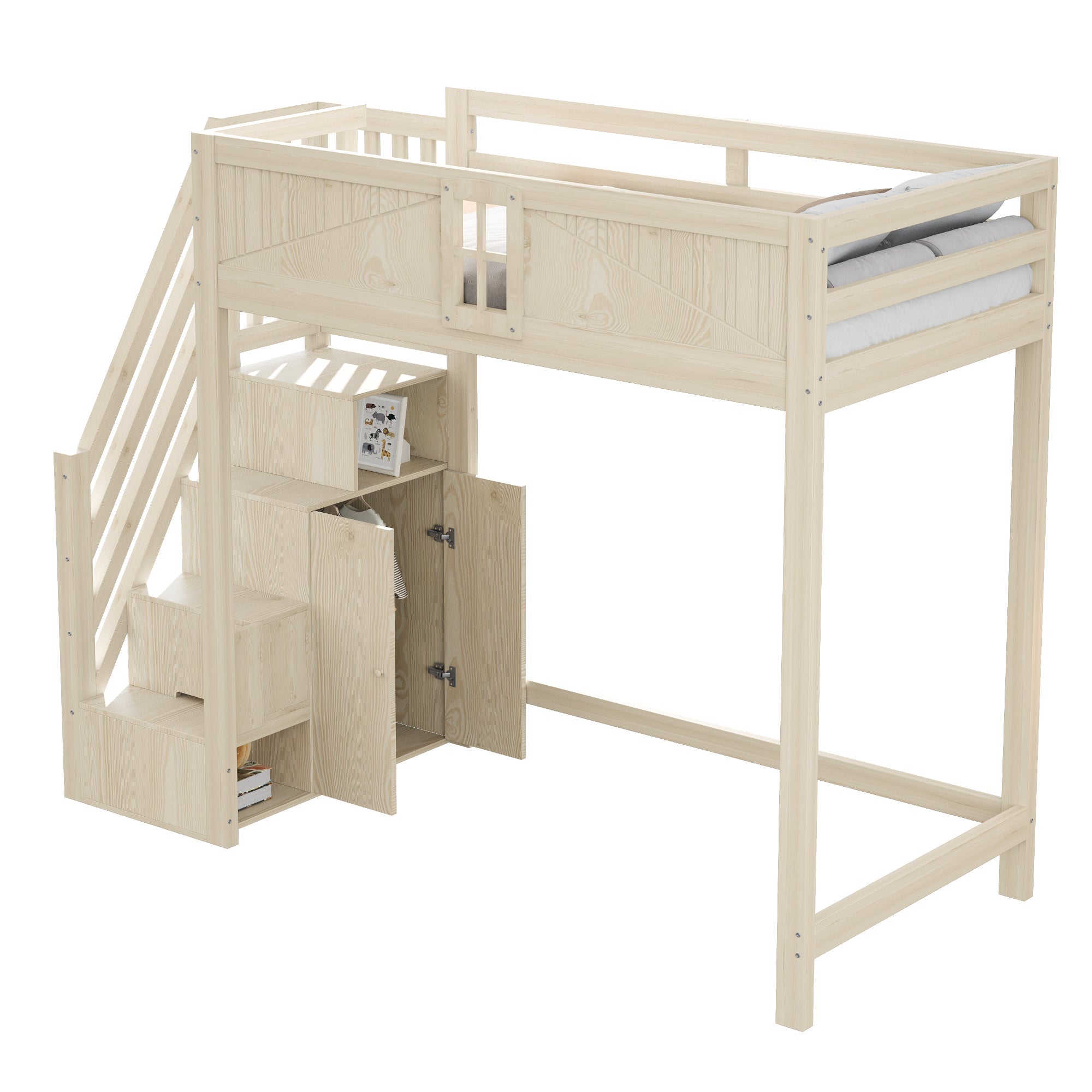 Solid Wood Loft Bed 90 x 200 cm with Safety Door and Storage Ladder, Wood Color