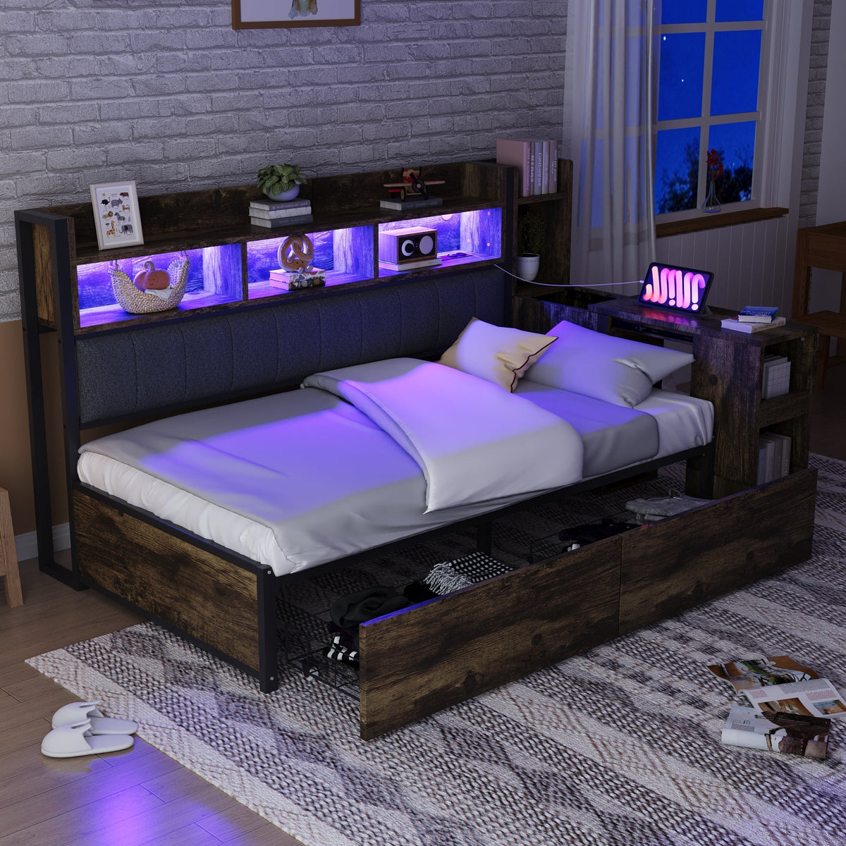 Iron Sofa Bed 90x200cm, Storage, Desk, LED/Sockets - Wood Color
